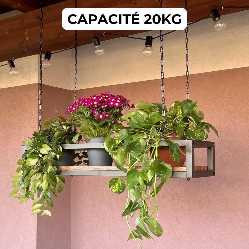 YELLOO - Etagere de Plafond Suspendue avec Chaînes, Idéale Porte-Fleurs, Plantes d'Intérieur, Design Classique et élégant pour Maison, Jardin, Balcon (FLOWERS 95 cm, Marron/Noix)
