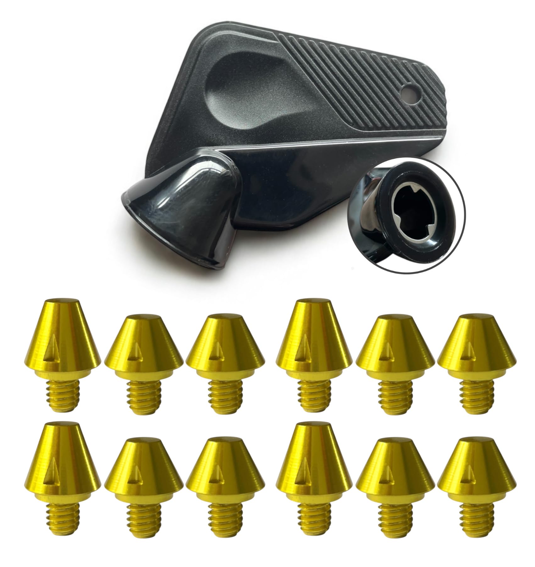 Replacement SG gold studs 6mm thread for Adidas football boots. Coloured metal cleats. Multiple pack sizes. Optional removal tool. Fits X Predator F50 Copa & more (12 pack (8x 8mm, 4x12mm) with tool)