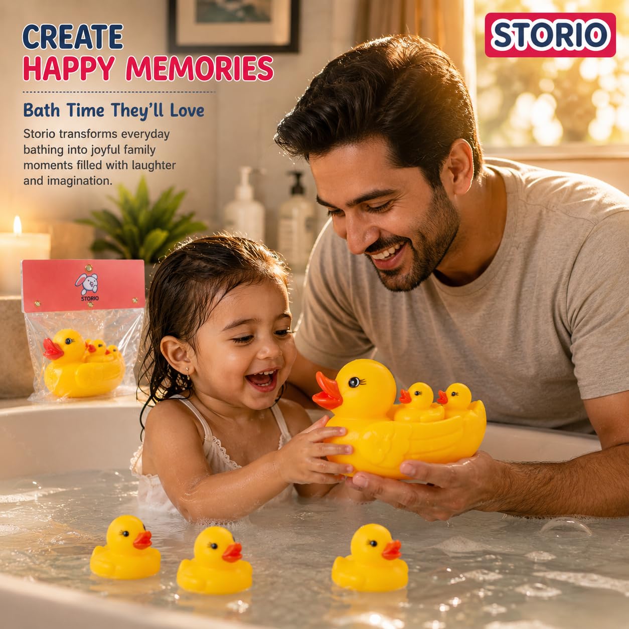 Storio Super Cute Duck Family Animals Swimming Water Toys Non-Toxic,BPA Free Colorful Soft Rubber Float Squeeze Sound Squeaky Bathing Toy for Baby Chu Chu Toy Set of 4 (1 Duck + 3 Ducklings) 1