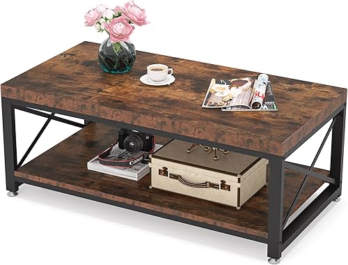 Tribesigns Mesa auxiliar industrial, mesa de cóctel de 43 pulgadas con estante de almacenamiento para sala de estar, mesa central rectangular de 2