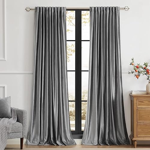 Miniatura 1 de PRIMROSE Cortinas de terciopelo gris oscuro de 120 pulgadas de largo para sala de estar, juego de 2 paneles opacos, bolsillo para barra, pestaña