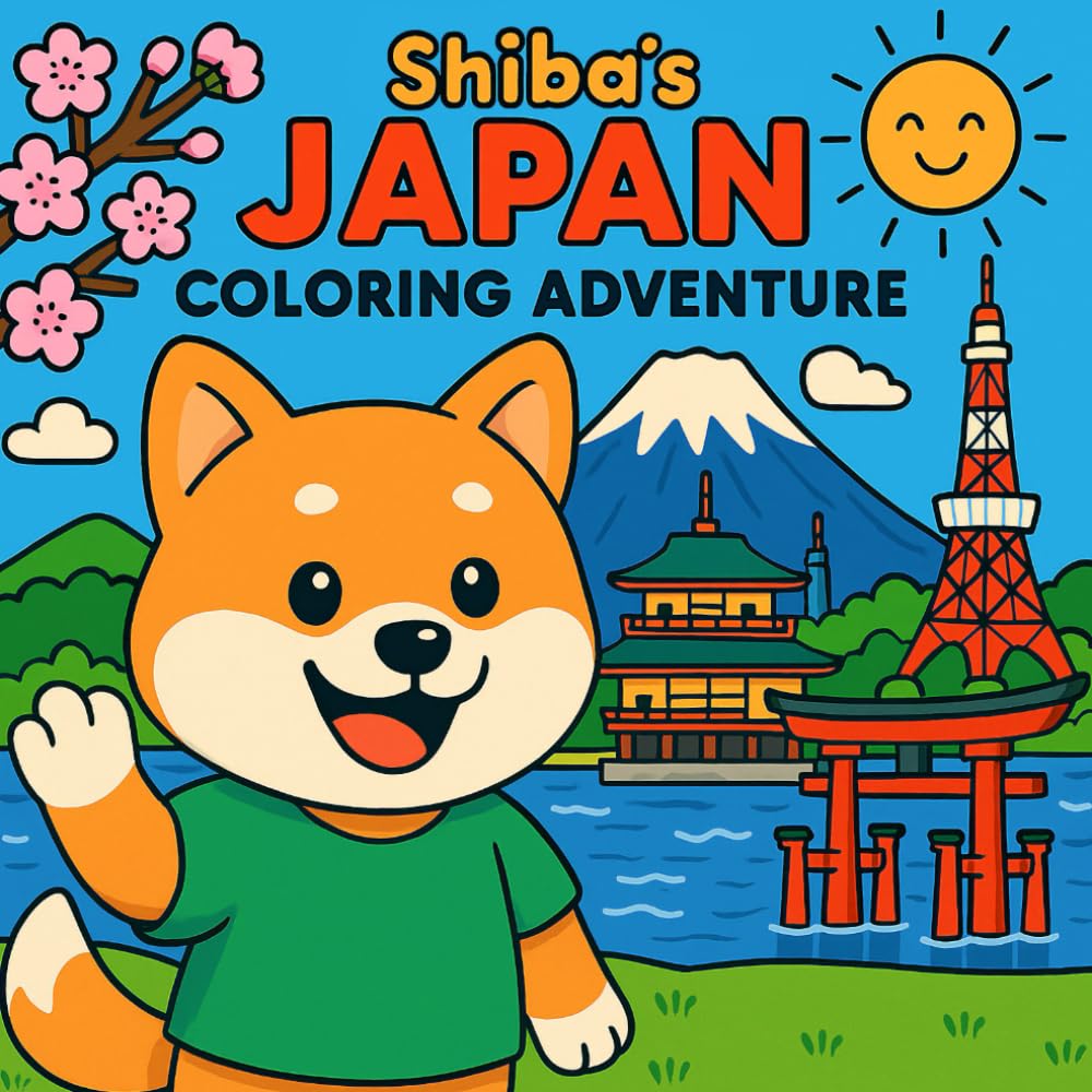 Shiba's Japan Coloring Adventure: Cute Shiba Inu Explores Japan’s Famous Landmarks – Kawaii Kids Coloring Book with Mt. Fuji, Kyoto, Osaka, Hokkaido & More | Ages 3–10 | Easy Big Line Pages
