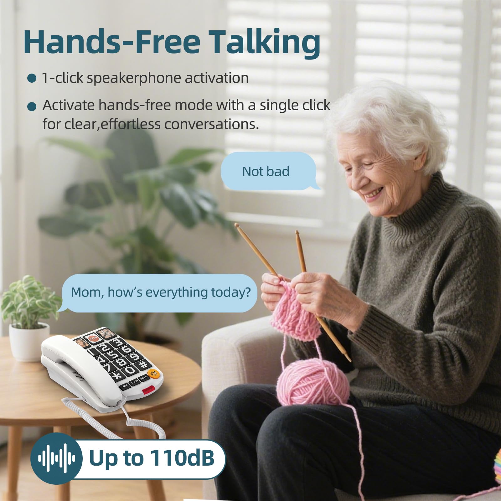 Telefono con pulsante grande per anziani, telefono con demenza con vivavoce, suoneria amplificata (+110dB), quadrante one-touch e 3 immagini di memoria, telefoni con cavo, problemi di udito e