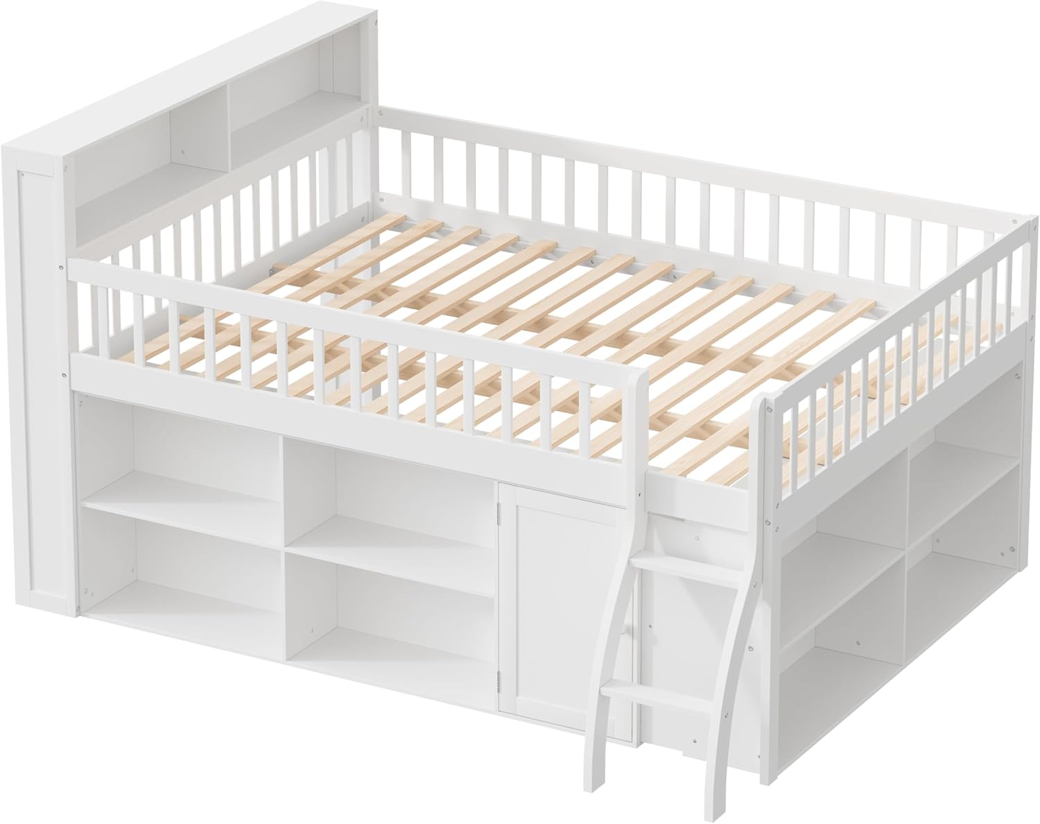 Loft Bed with Storage, Headboard with LED Light, Queen Size, White
