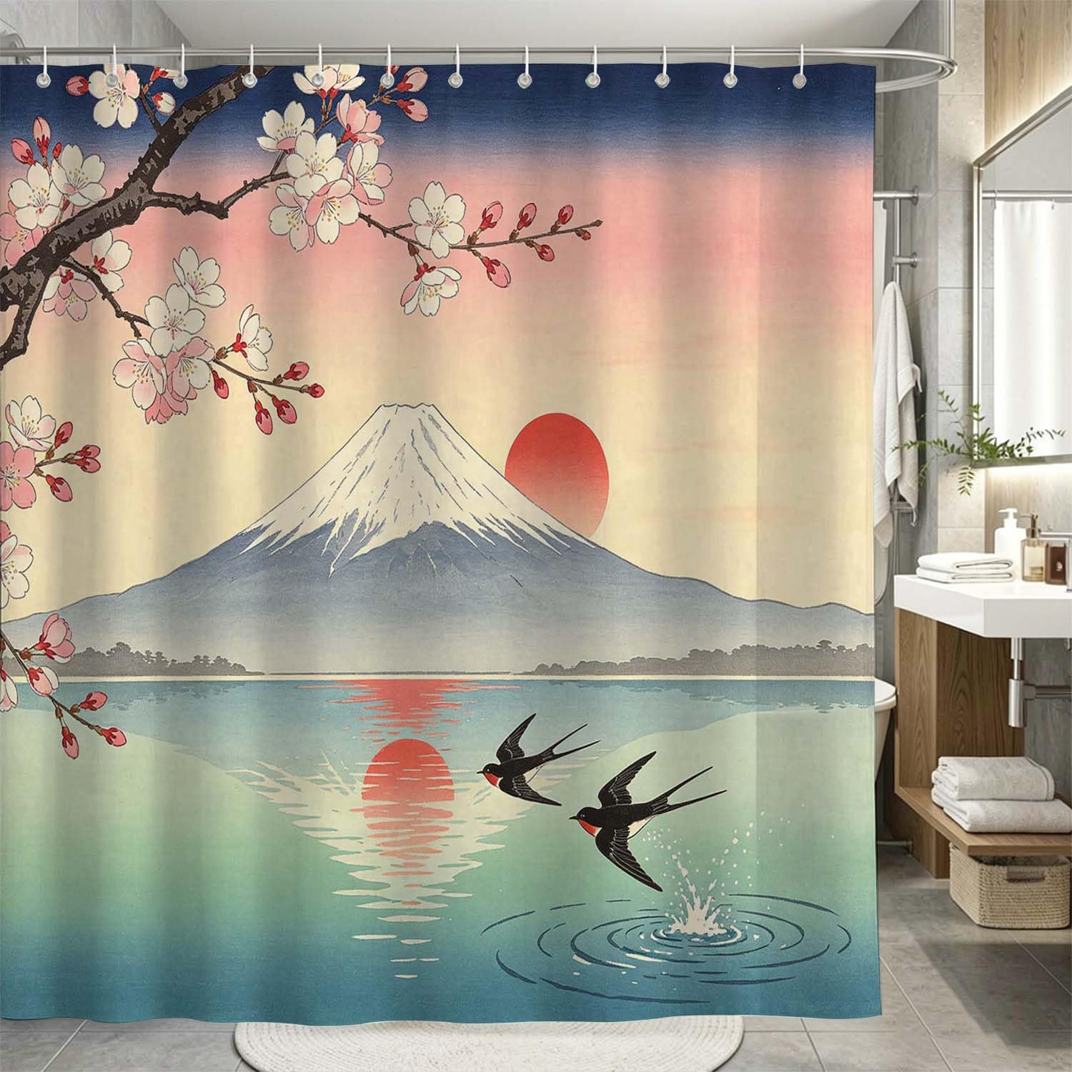 Rideau de Douche Anti Moisissure Paysage Japonais, Rideau de Bain Fleurs de Cerisier 3D Rideaux de Douche en Polyester, Imperméable, Lavable en Machine, avec Crochets, 300 x 200 cm 385-YLP
