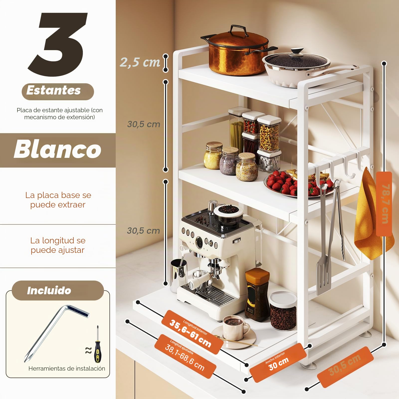 Estantería para microondas de 3 puertas, altura ajustable y extensible, con cajón, de acero al carbono, incluye ganchos y ventosas de refuerzo, estante para panadería (blanco)