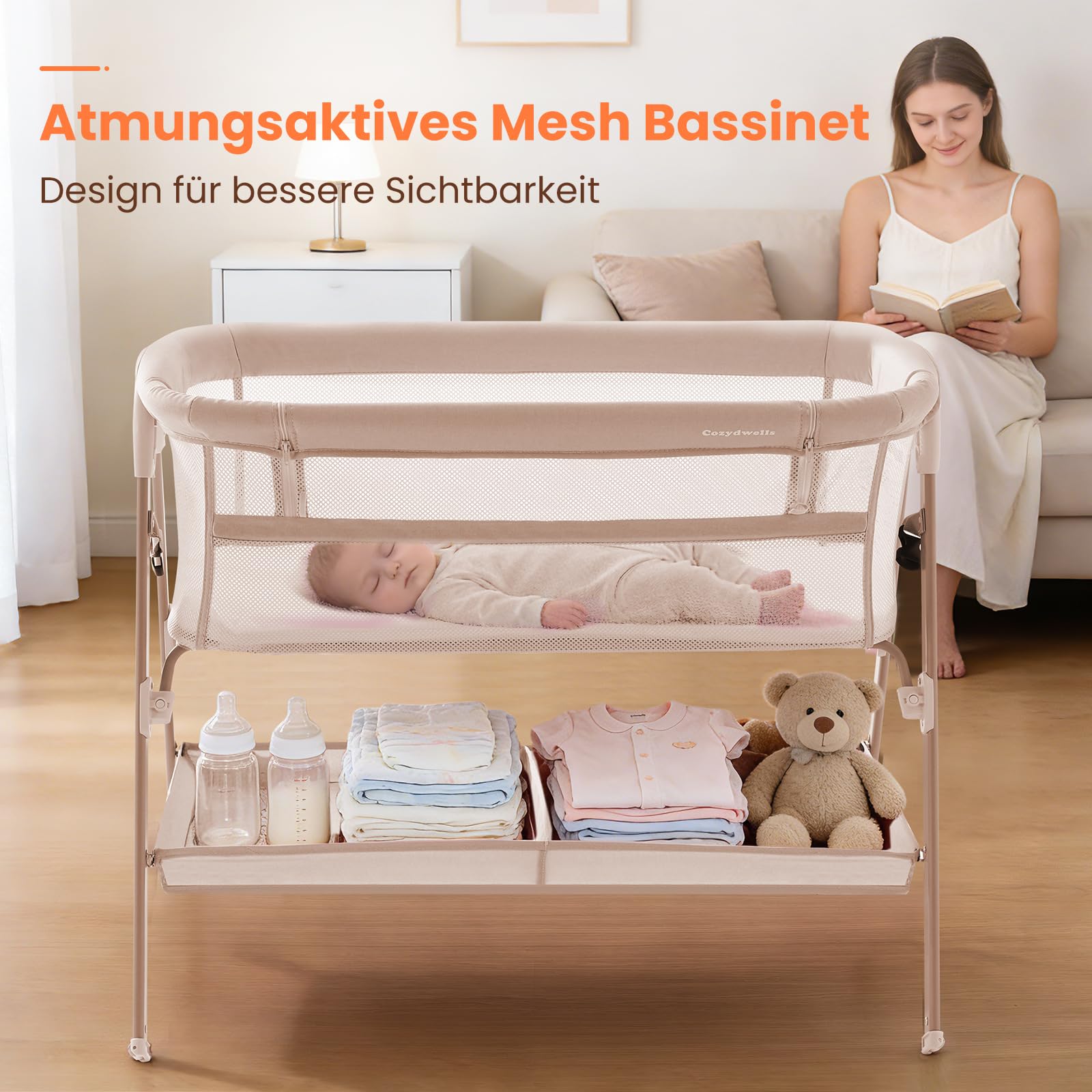 3-in-1-Babybett für Babys von der Geburt bis 9 kg, tragbares Kinderbett, Reisebett, Baby-Kinderbett, Nachttisch, Kinderbett für Neugeborene, Beige