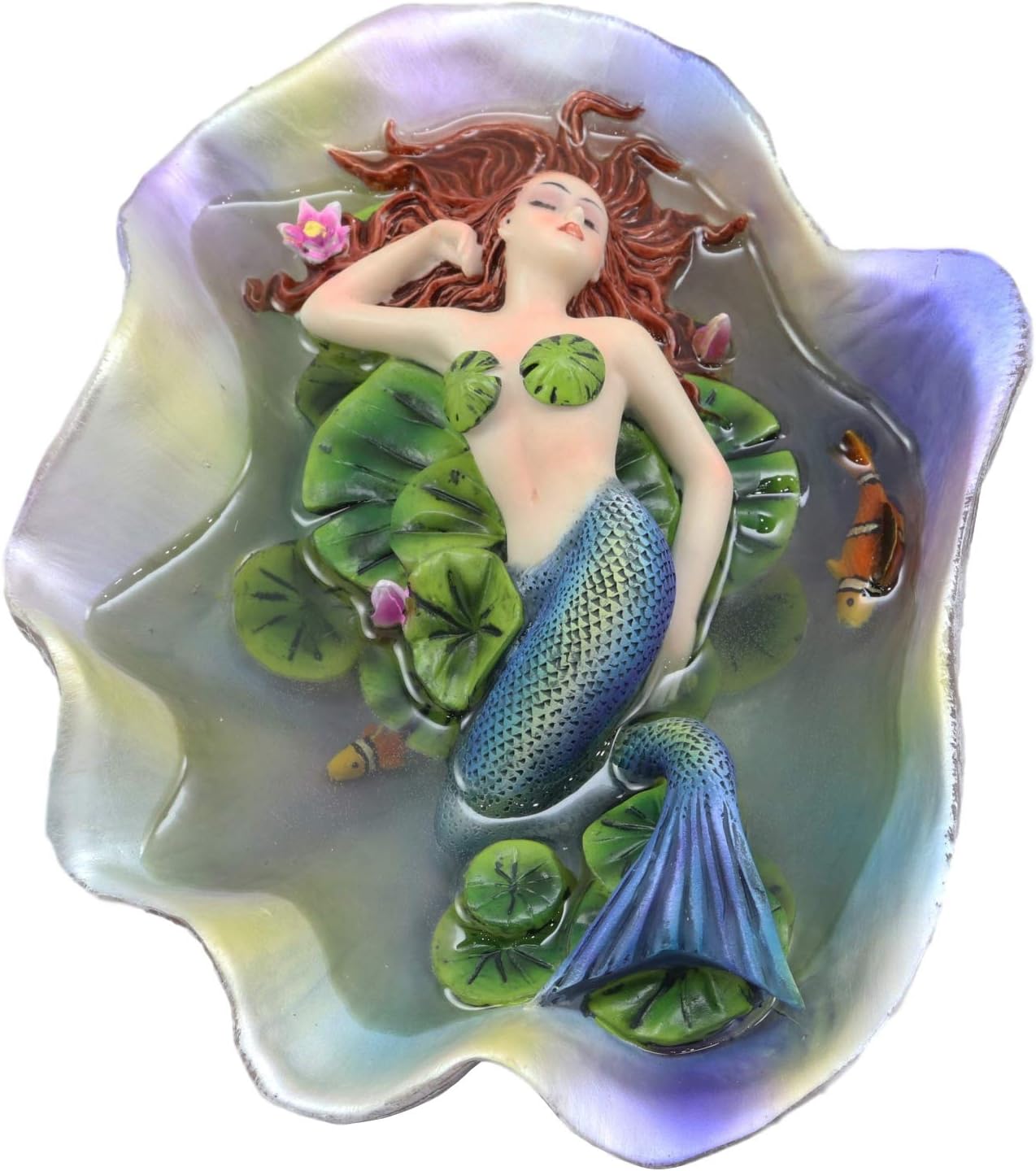 Ebros Sheila Wolk Elan Vital Sculpture Red Haired Ariel Mermaid Sleeping On Water Lilies with Koi Fishes in A Giant Clam Shell Pond Figurine Fantasy Mermaids Pirates Sirens Decor Statue 6.75" Long