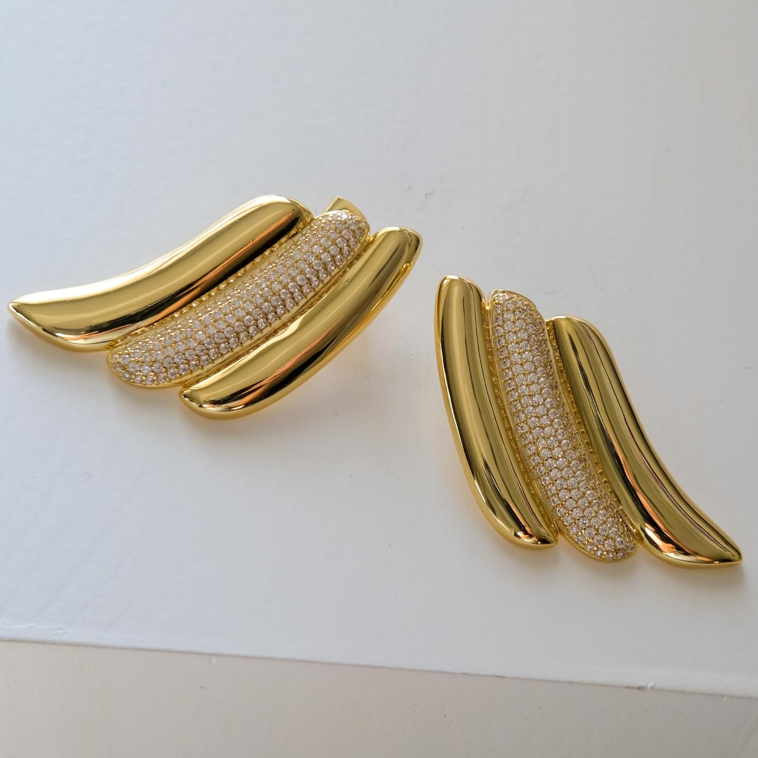 Swirl Bold Stud Earrings | 18K Gold Plated Triple Wave On The Ear Stud Earring | Large Wing Statement Earrings - Image 5