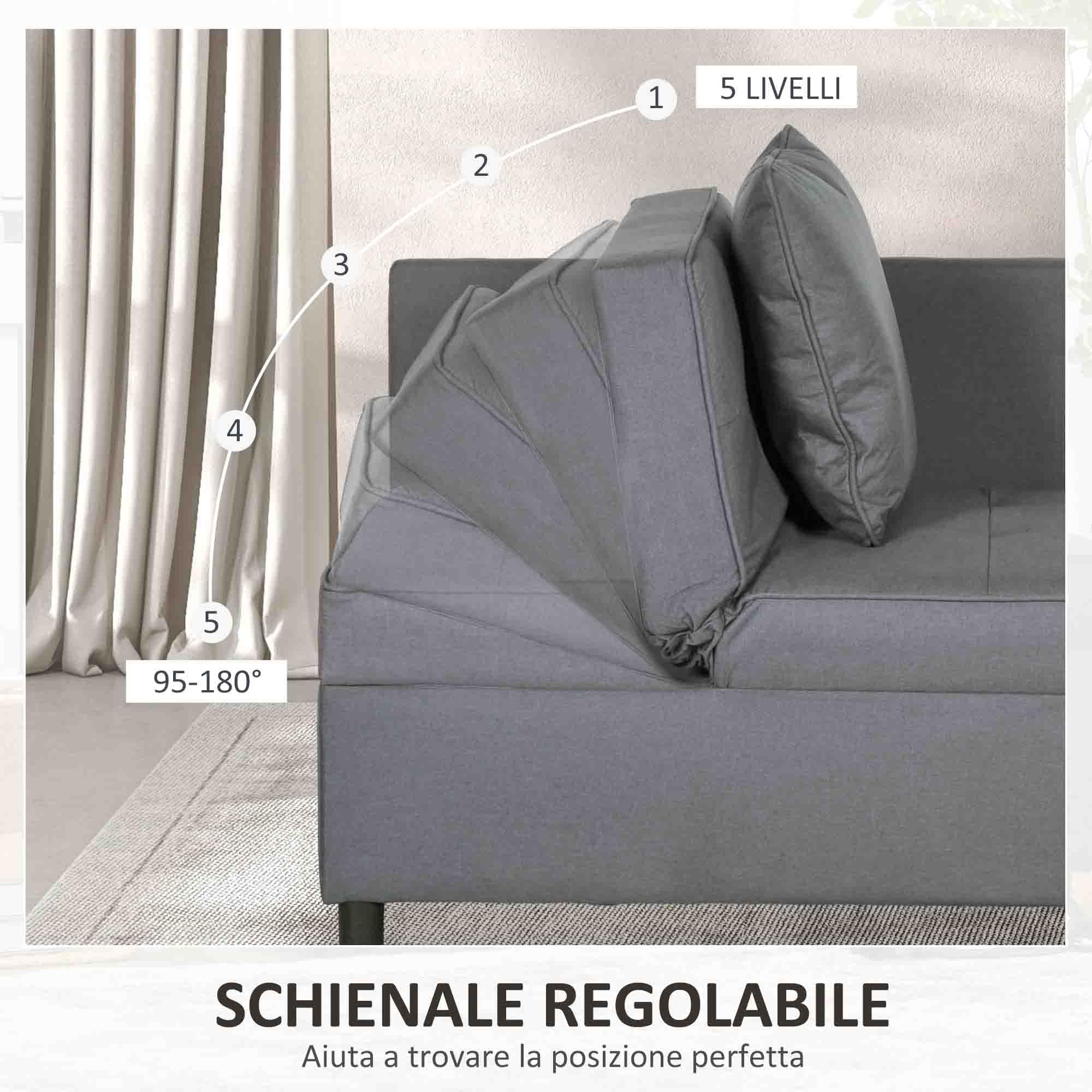 HOMCOM Poltrona Letto 3 in 1 Imbottita con Schienale Regolabile in 5 Posizioni e Cuscini, Divano Letto Una Piazza e Mezza in Tessuto Effetto Lino e Legno per Soggiorno, 98x71x67 cm, Grigio Scuro