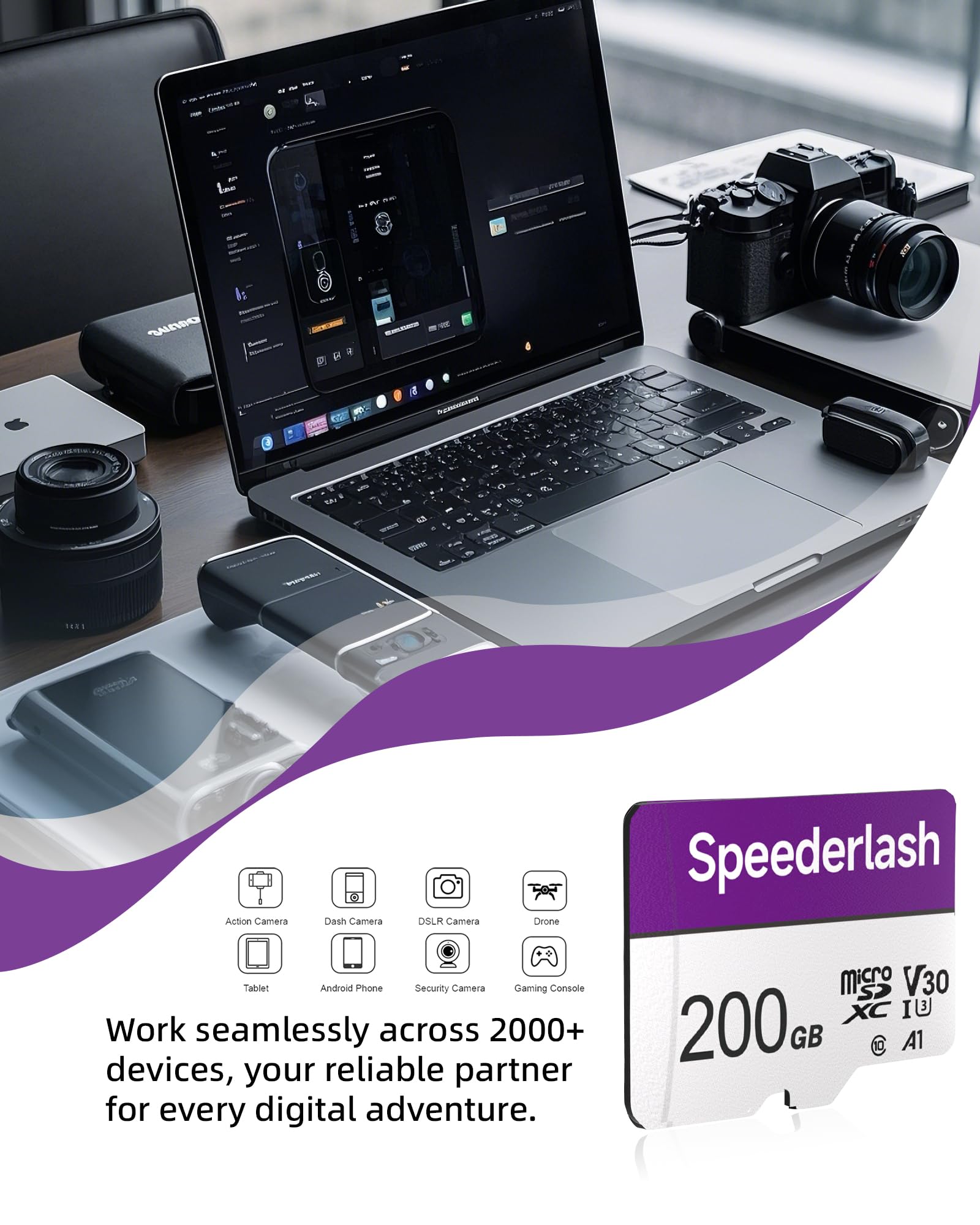 Speederlash Carte Micro SD 200 Go avec adaptateur, A1, U3, vitesse de lecture jusqu'à 95 Mo/s, carte mémoire haute vitesse pour caméras, drones, smartphone, tablette