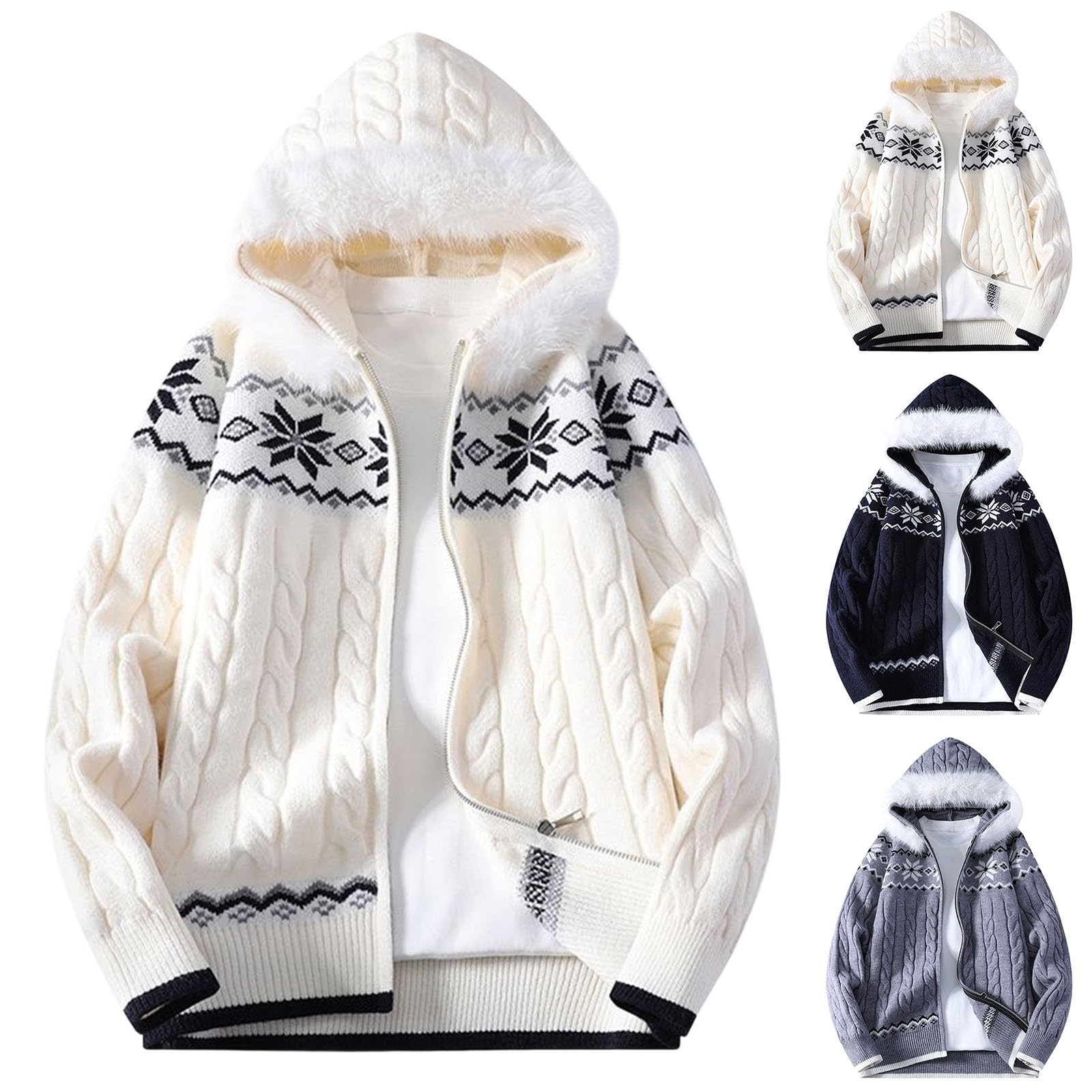 Generisch Maglione da uomo a collo alto, con cappuccio, grande dimensione, maglione invernale da lavoro, collo sciallato, con cappuccio, a maglia grossa, con collo alto