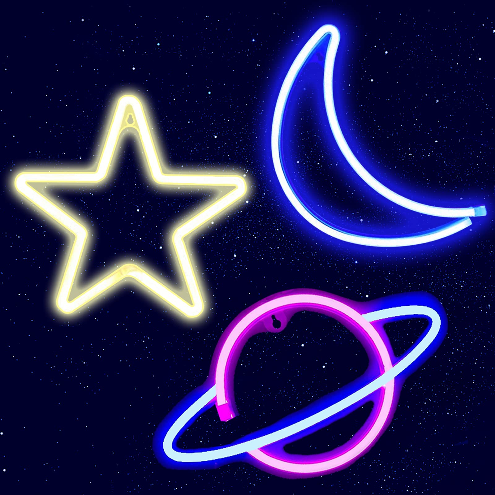 AIWEILUCK 3 Pack Neon Light, Moon Planet Star Halloween Decoration Led Neon Signs Battery and USB Operated Neon Lights Light up for Bedroom, Kids Room, Home, Bar, Party - Moon Planet Star