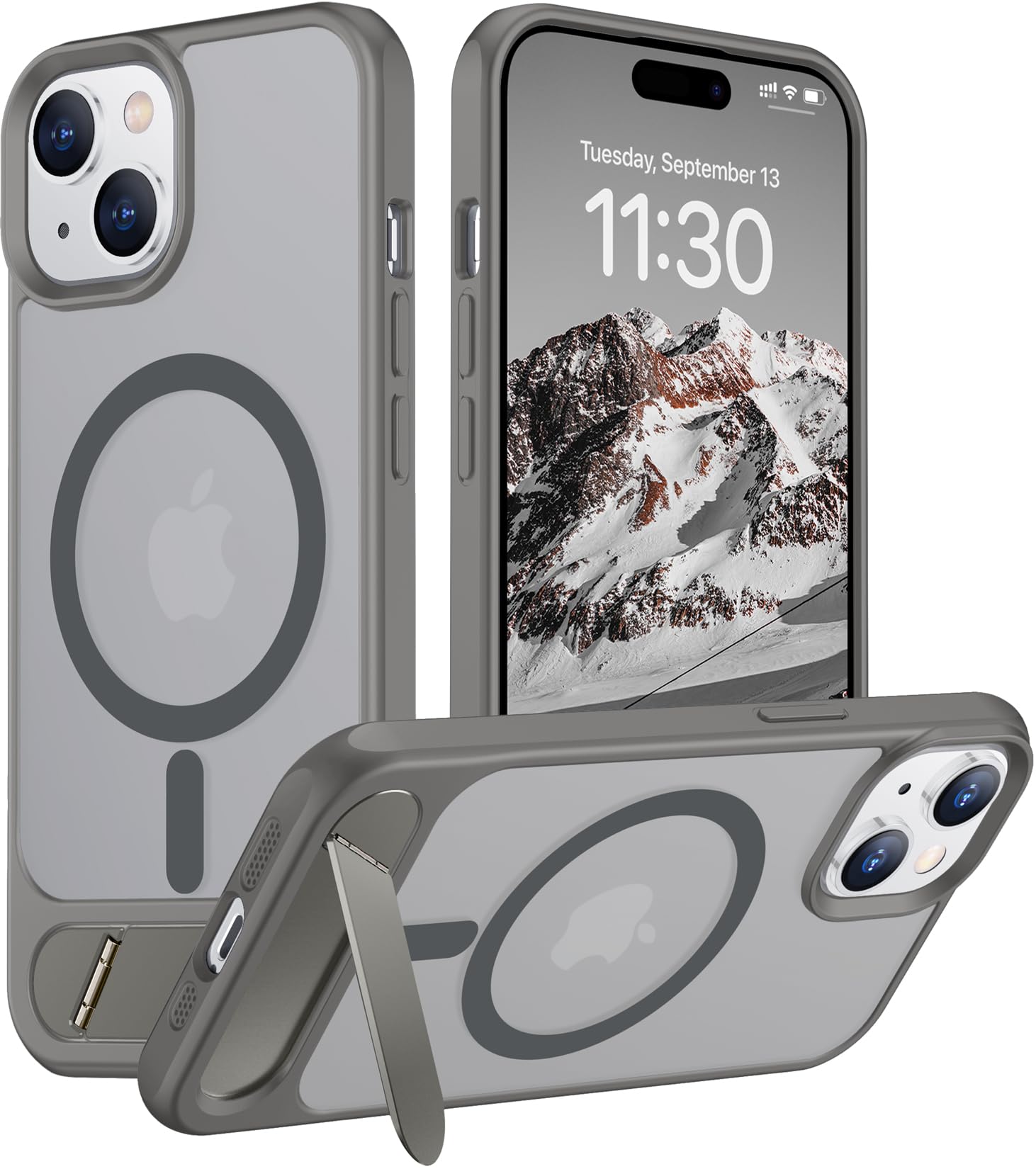 Temdan Magnetic Compatible with iPhone 15 Case, [Built-in Invisible Kickstand][Compatible with MagSafe] [Military Grade Shockproof] Slim Translucent Matte Phone Case for iPhone 15 6.1" Gray