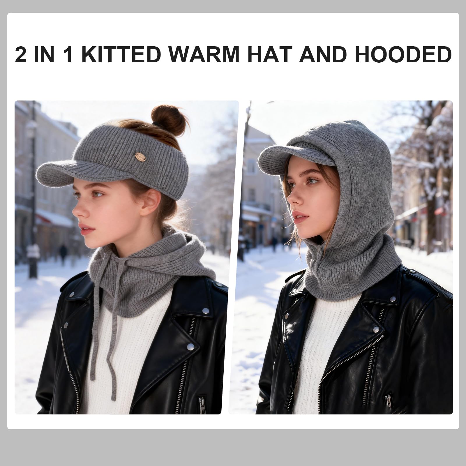 Mujer Invierno Gorro de Punto y Bufanda con Capucha, 2 en 1 Térmicos Prueba de Viento Ajustable Pasamontañas, Moda Gorro con Visera Calentador de Cuello para Deportes al aire libre Diario Correr