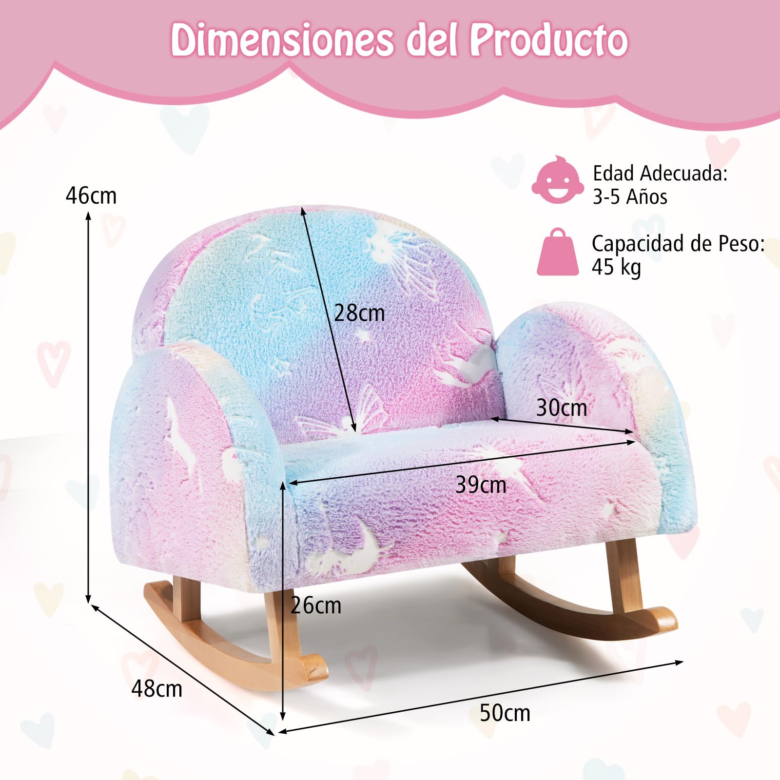 COSTWAY Silla Mecedora para Niños, Mecedora Infantil Acolchada de Franela con Patas de Madera de Álamo, Patrones Que Brillan en la Oscuridad, Respaldo Curvado, Sillón Cómodo para Dormitorio, Salon