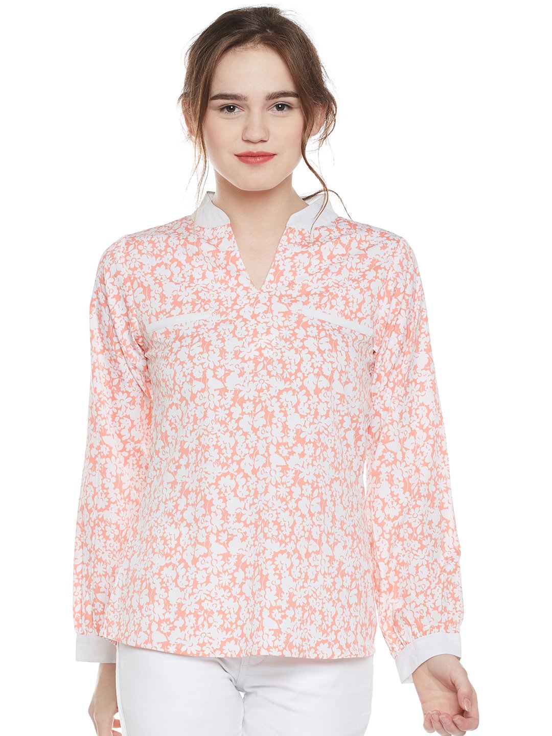 WisstlerPeach Floral Print Poly Crepe Full Sleeve Top
