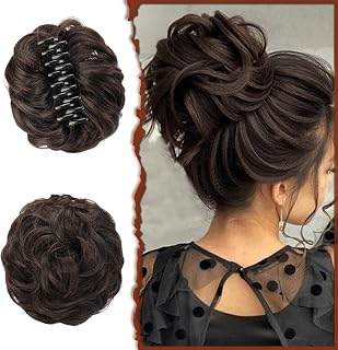 SOFEIYAN Claw Clip Messy Bun Hair Piece Wavy Curly Hair Bun Clip in Claw Chignon Ponytail Hairpieces Synthetic Tousled Updo Hair Extensions Scrunchie Hairpiece for Women, Darkest Brown/Dark Auburn Mix