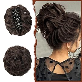 SOFEIYAN Claw Clip Messy Bun Hair Piece Wavy Curly Hair Bun Clip in Claw Chignon Ponytail Hairpieces Synthetic Tousled Updo Hair Extensions Scrunchie Hairpiece for Women, Darkest Brown/Dark Auburn Mix