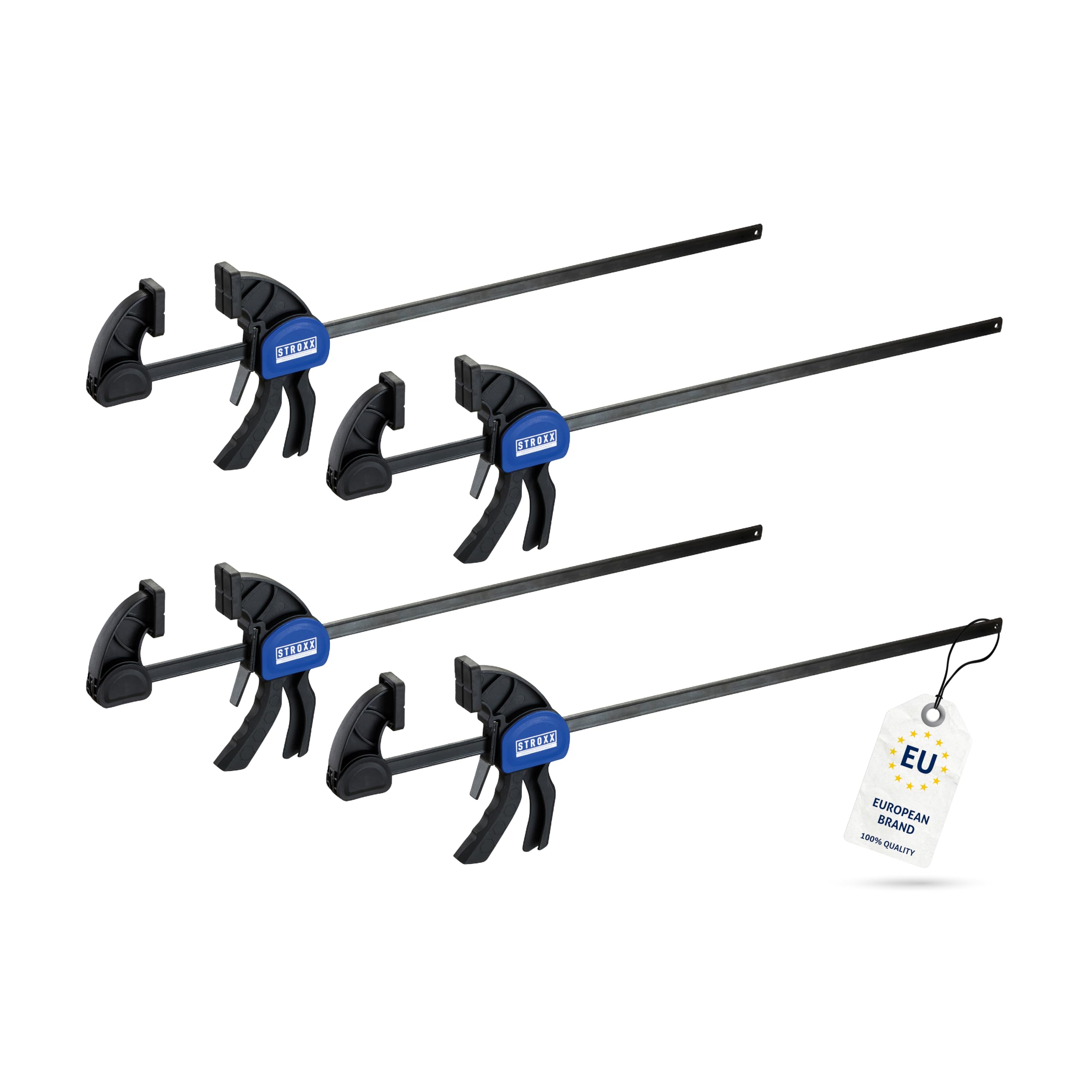 STROXX® 4x Einhandzwinge |Spannweite: 900mm| Klemmkraft je Zwinge: 159 Kg | Schraubzwinge | Spanner | Zwinge | Einhandzwinge | mit Gummipads und Quick Release Funktion