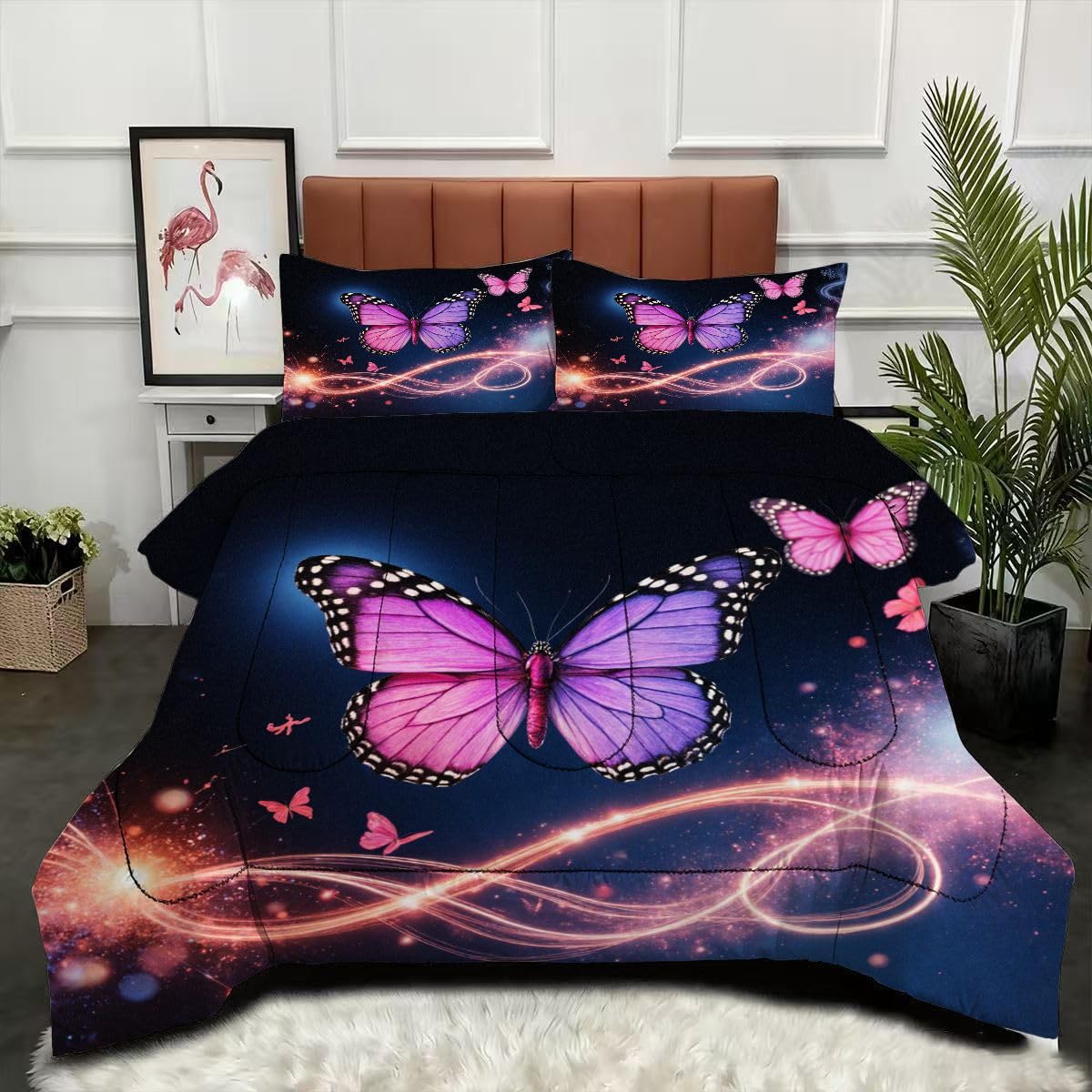 Couette 240 x 260 cm papillon en microfibre légère avec ses deux taies d'oreiller assorties