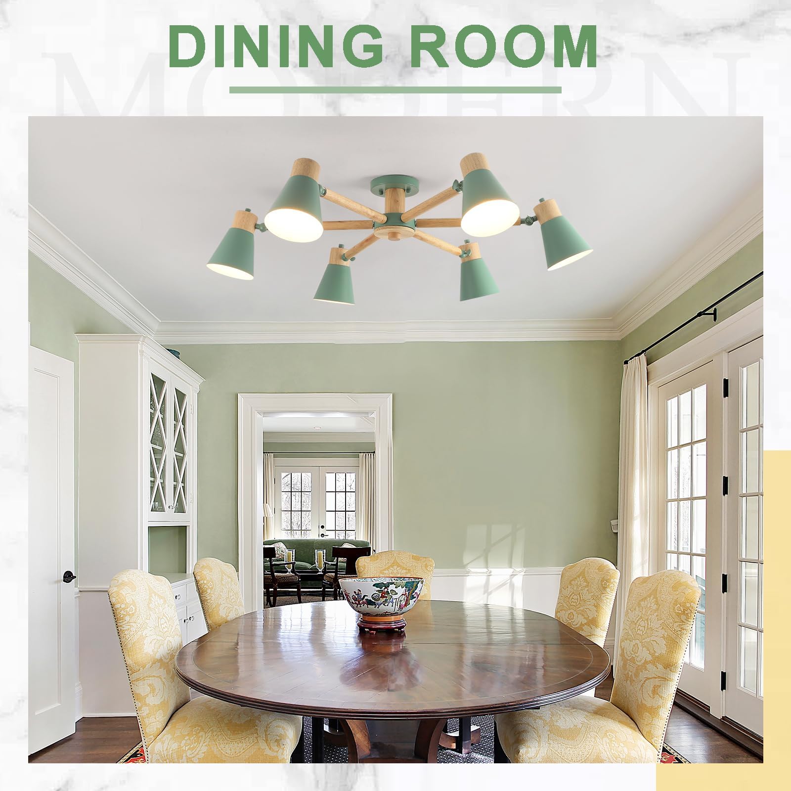 Verde Lampadario Camera Da Letto 6 Luci,Legno E Ferro Lampadario Soggiorno A Bracci Luminosi Regolabili lampadari E27 Ø82Cm Moderno Lampadario Cucina Per Letto Casa Camera Salotto