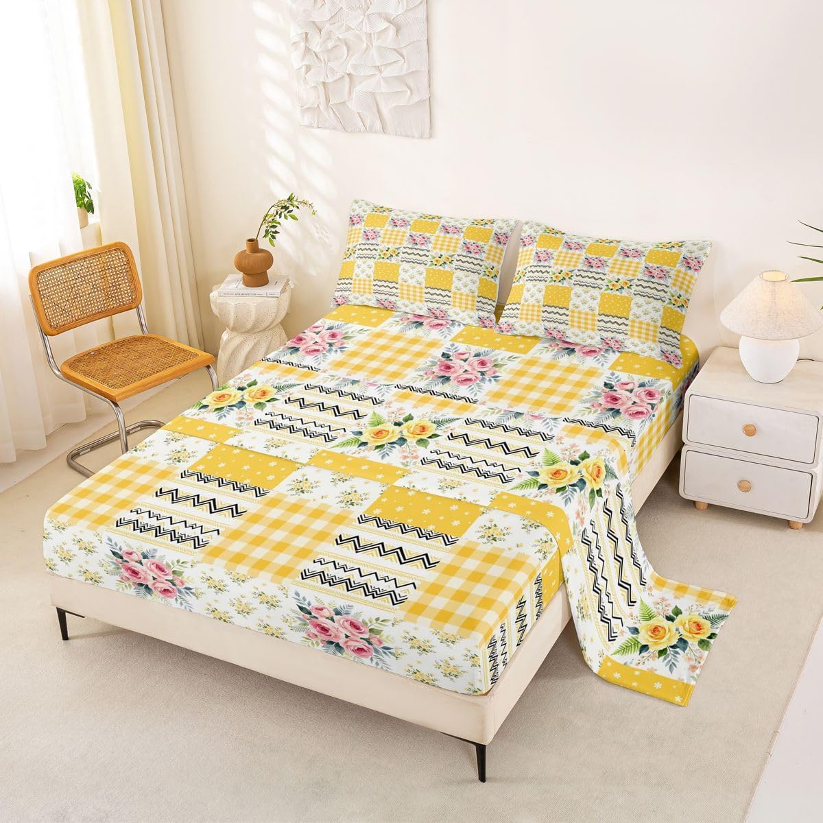 Feelyou Floral Patchwork Bed Sheets Sets Full Size Kids Boys Girls Yellow Flowers Design Bedding Set Boho Floral Bed Sheet Set with 16-Inch Deep Pockets 4Pcs with 2 Pillow Cases