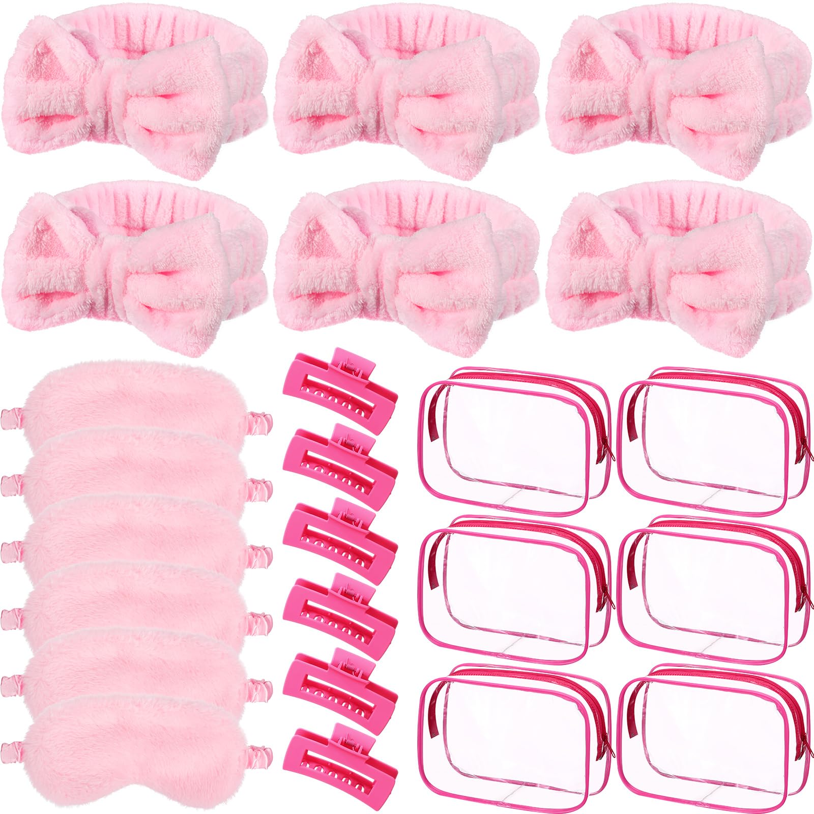 Wavyknot 24pcs Sleepover Party Favors for Women 6 Pink Spa Makeup Headband 6 Plush Sleep Eye Mask 6 Rose Red Hair Claw Clips 6 Clear Cosmetic Bags for