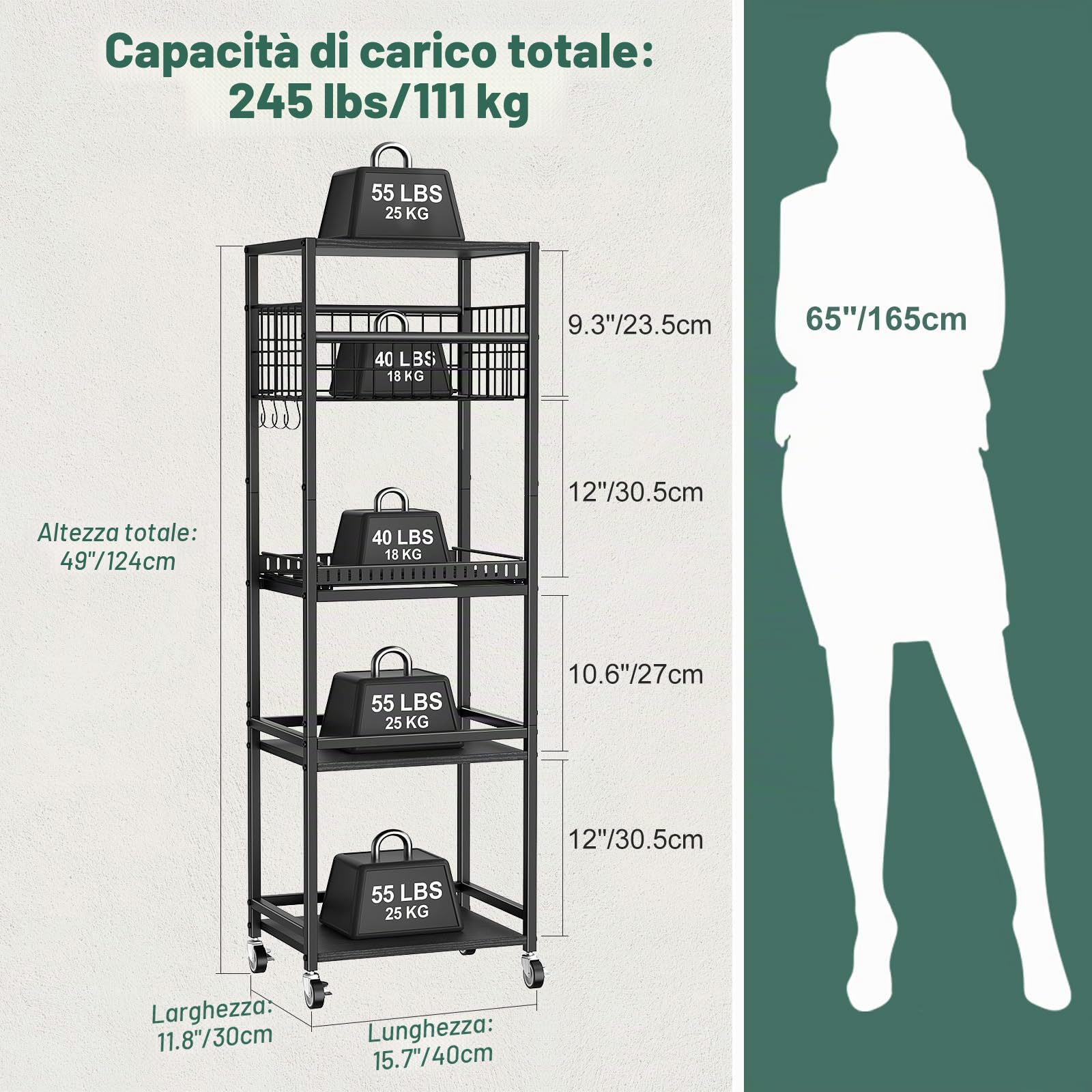 Housolution Carrello da Cucina a 5 Ripiani, Carrello Portaoggetti con Cestino in Metallo e Organizer per Tagliere e Coperchi Estraibili, Scaffale con Ripiano in Legno per Cucina, Dispensa, Bagno