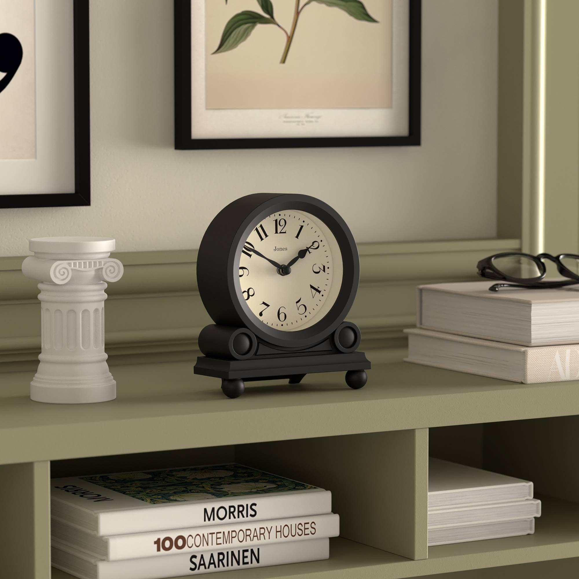 JONES CLOCKS® Maida Vale Reloj de repisa | Reloj de Escritorio Tradicional pequeño | Negro | Bonito y Encantador, Ideal para la repisa, la estantería o la mesilla de Noche