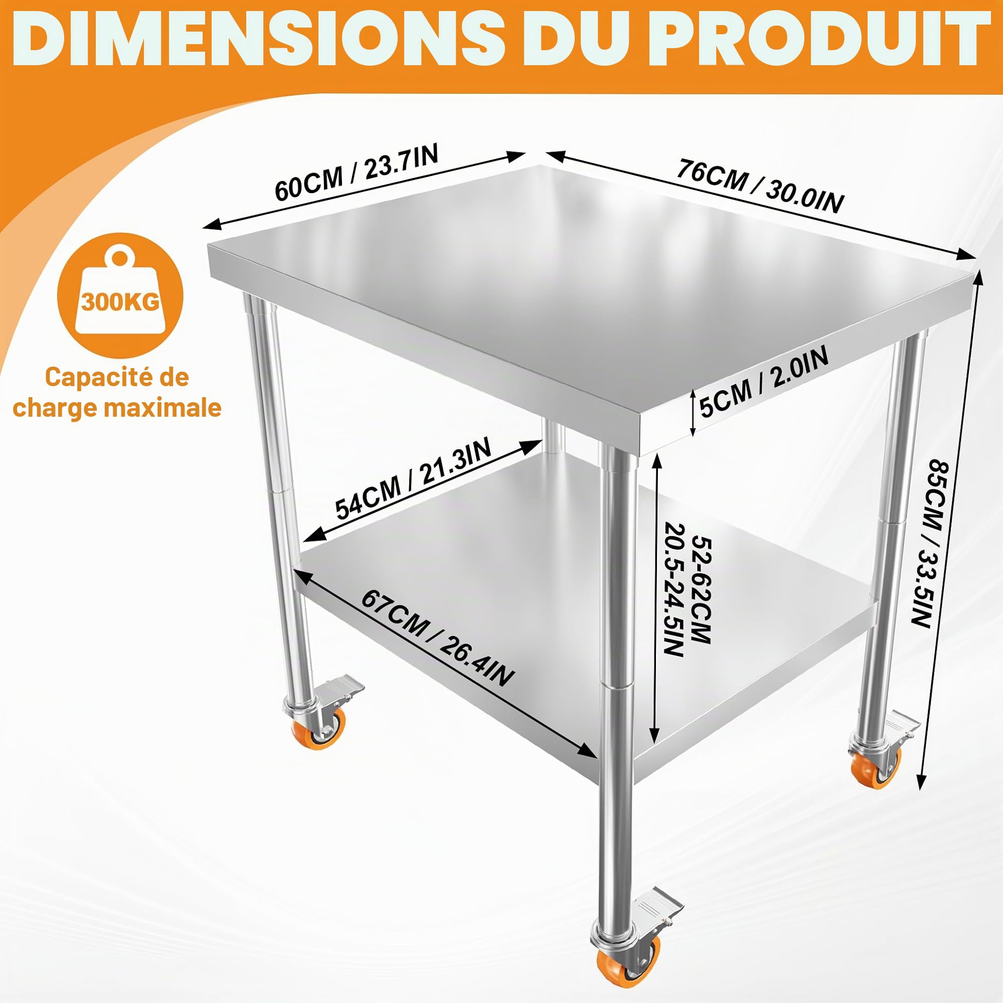 UISEBRT Table de travail en acier inoxydable, 4 roulettes pivotantes avec freins, Table de préparation/table de cuisine avec hauteur réglable, pieds, Table de découpe capacité de charge 300 kg pour