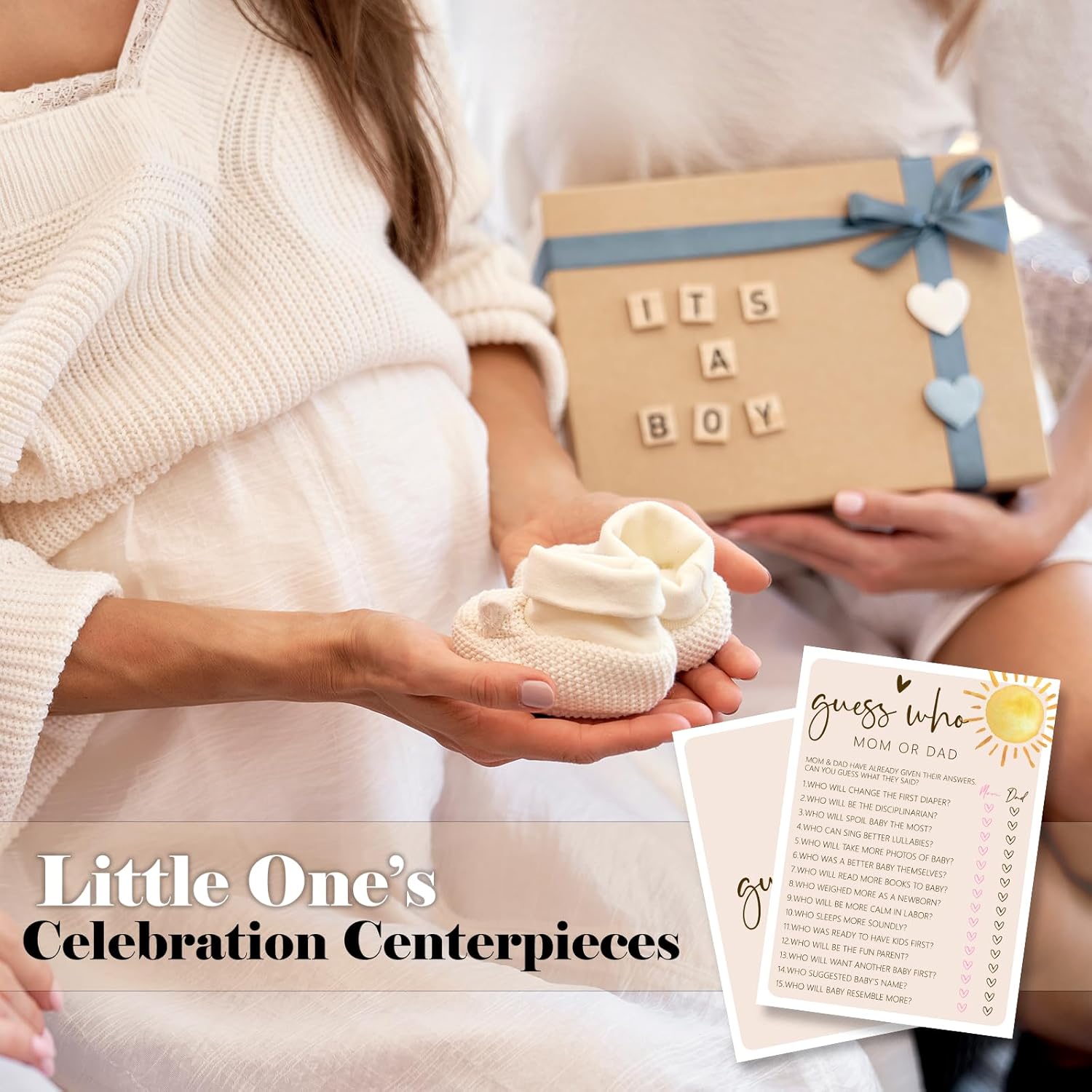Here Comes The Sun Baby Shower Games-Guess Who Mom or Dad Game Cards, 30 Double-Sided Fill in The Blank Game Cards, Boho Sunshine Party Favor Decorations Supplies-A07
