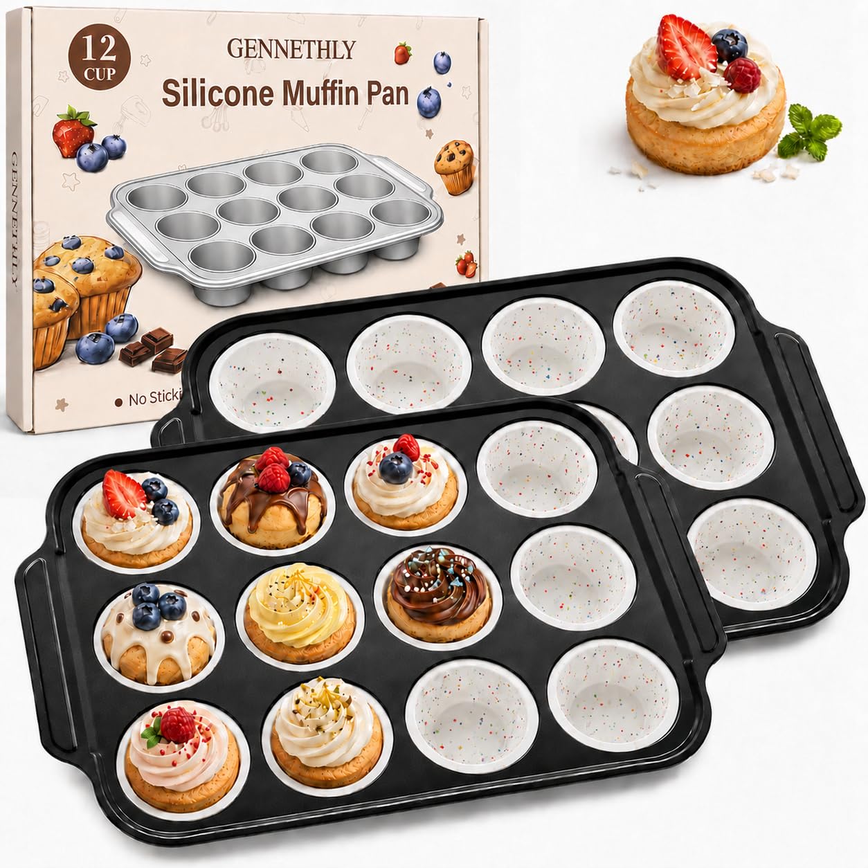 View 1 of 2 Pack Silicone Muffin Pans for Baking, 12-Cup Muffin Tin with Metal Frame