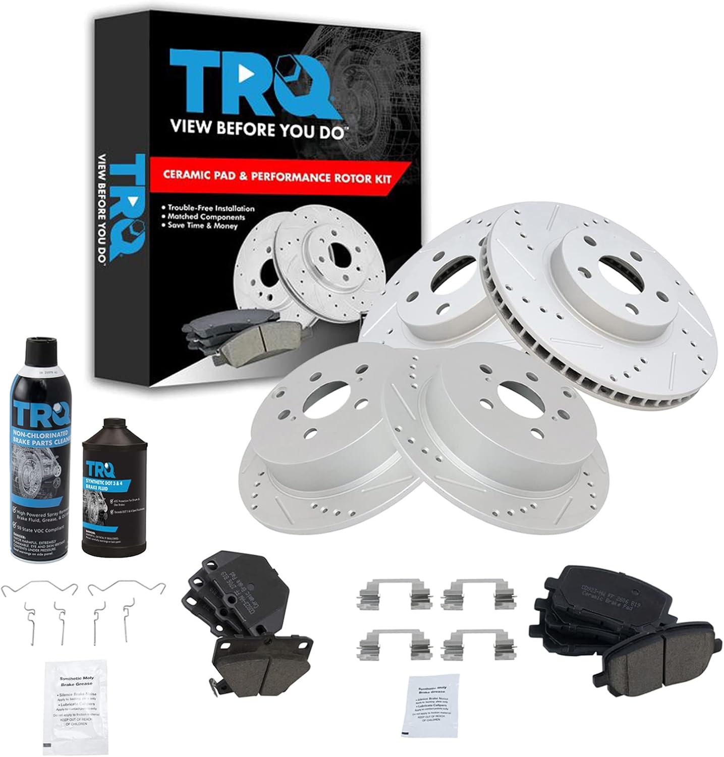 TRQ Front and Rear Performance Brake Pad & Rotor Kit Brake Chemical Kit Brake Pads Brake Rotors Set Ceramic Premium G-Coated Compatible with 2003-2006 Pontiac Vibe 2005-2006 Toyota Corolla Matrix