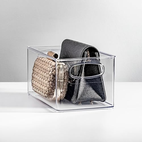 mDesign Organizador de plástico para el hogar, contenedor de almacenamiento con asas para dormitorio, baño, estantes de gabinete, entrada y pasillo,