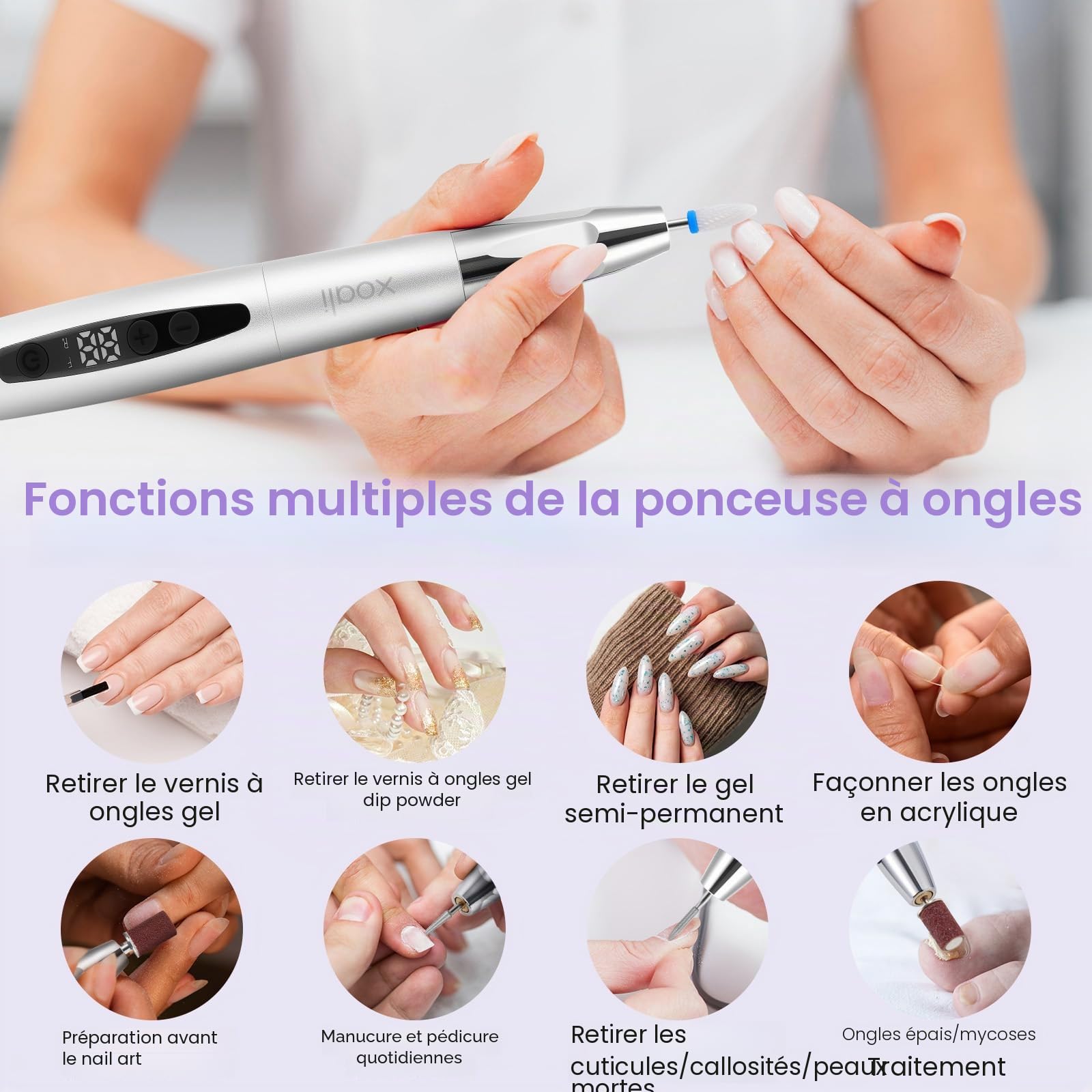 Xoali Ponceuse pour Ongles Professionnel 35000 tr/min,13 en 1 Lime a Ongle Electrique Sans Fil avec écran LCD,Kit de Manucure Pédicure Vitesse Réglable (Silver)