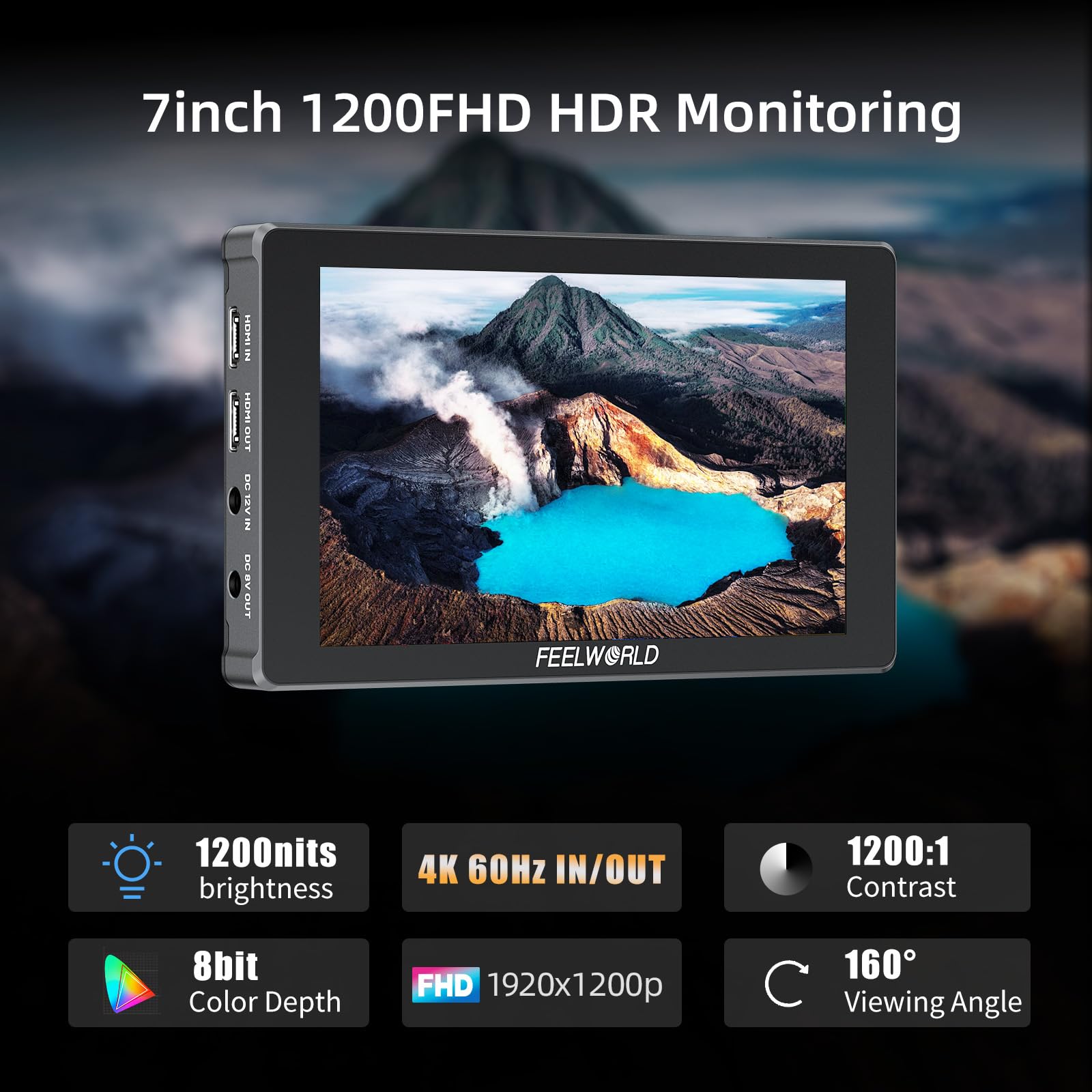 Feelworld F7 Plus 7-calowy ekran dotykowy do aparatu DSLR, monitor F970 z zewnętrzną płytą z uchwytem, zestaw akcesoriów z baterią, 4K HDMI 1920x1200, ulepszony 3D LUT, Waveform, VectorScope