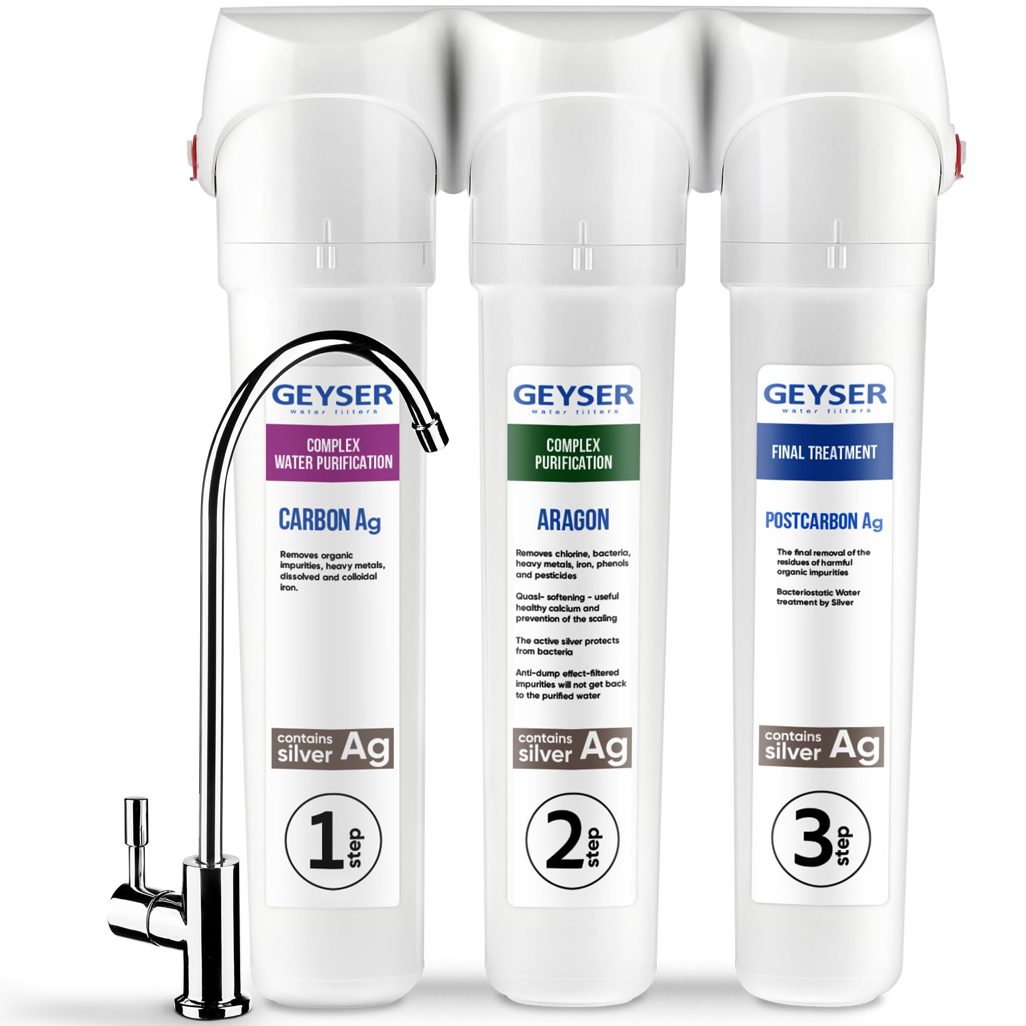 GEYSER SMART – Compact Under Sink Water Filter with 3-Stage Filter Cartridges, ARAGON + CATALON Technology, Water Purifier, Tool-Free Installation, Full Kit with Faucet Included (12-Month Filter Life)