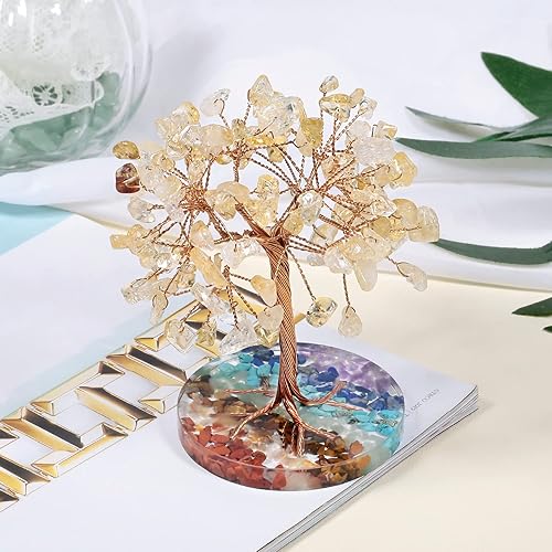 Miniatura 3 de rockcloud Árbol de dinero de alambre de cobre de jade amarillo con base redonda de resina colorida, árbol de piedra bonsái hecho a mano para