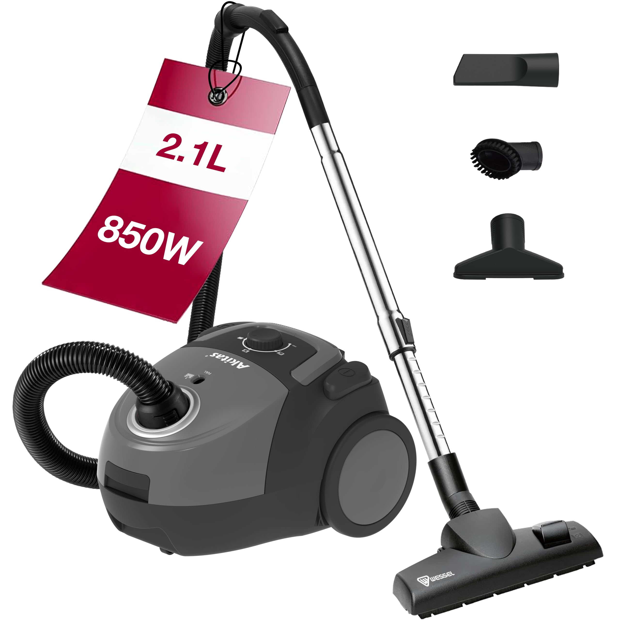 Akitas C5 Bodenstaubsauger mit Beutel, 850W Starke Saugleistung, 9m Aktionsradius, HEPA-Filter für Allergiker & Haustiere, Wessel-Werk Bodendüse, inkl. 3 Zubehörteile, kompakt & leicht