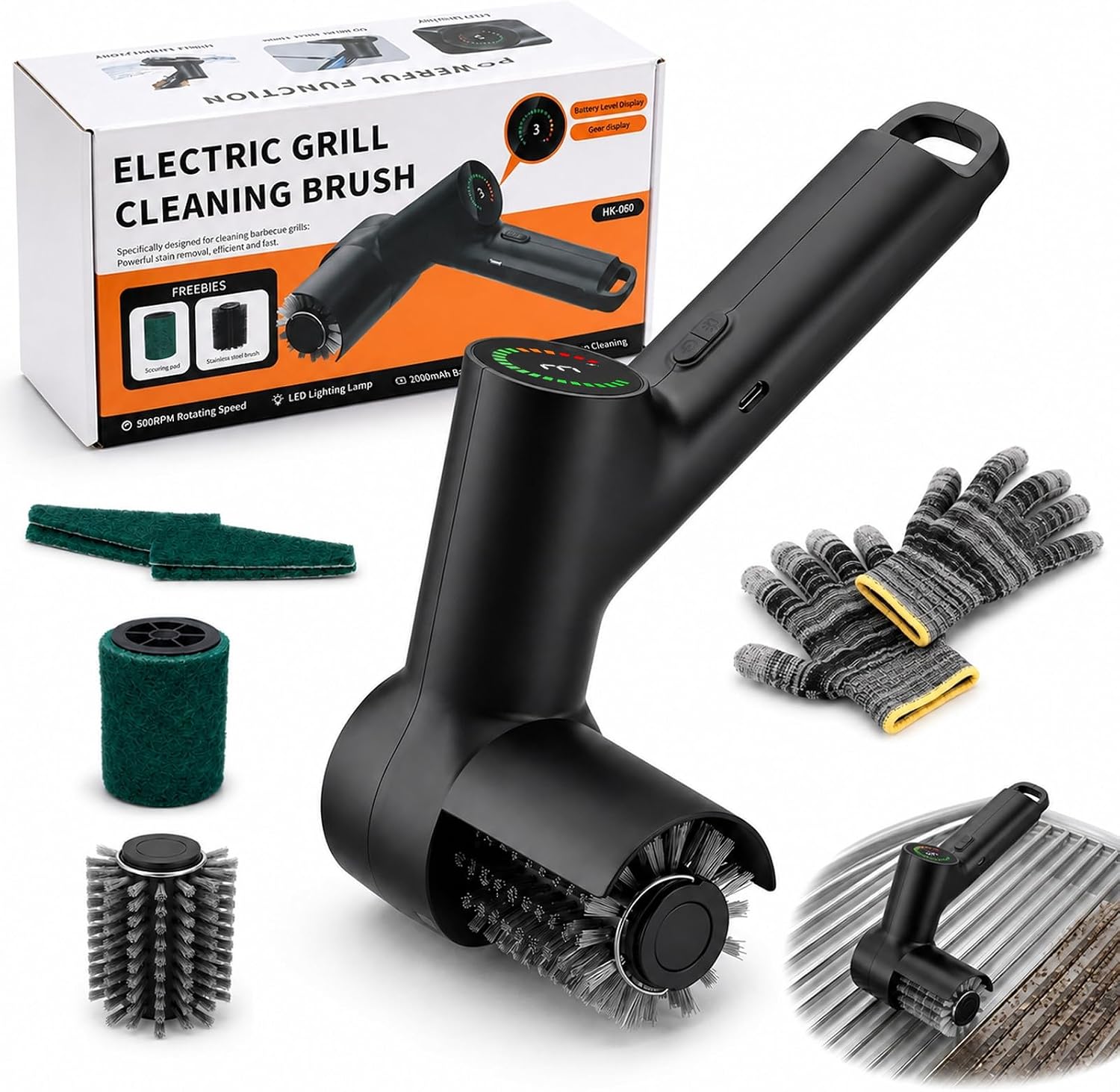 Electric Grill Brush, 3-Speed Rotary BBQ Cleaner with 304 Stainless Steel Anti-Shedding Head, 1950mAh Battery, IPX7 Waterproof, LED Light & Splash Guard for Outdoor Grill, Camping
