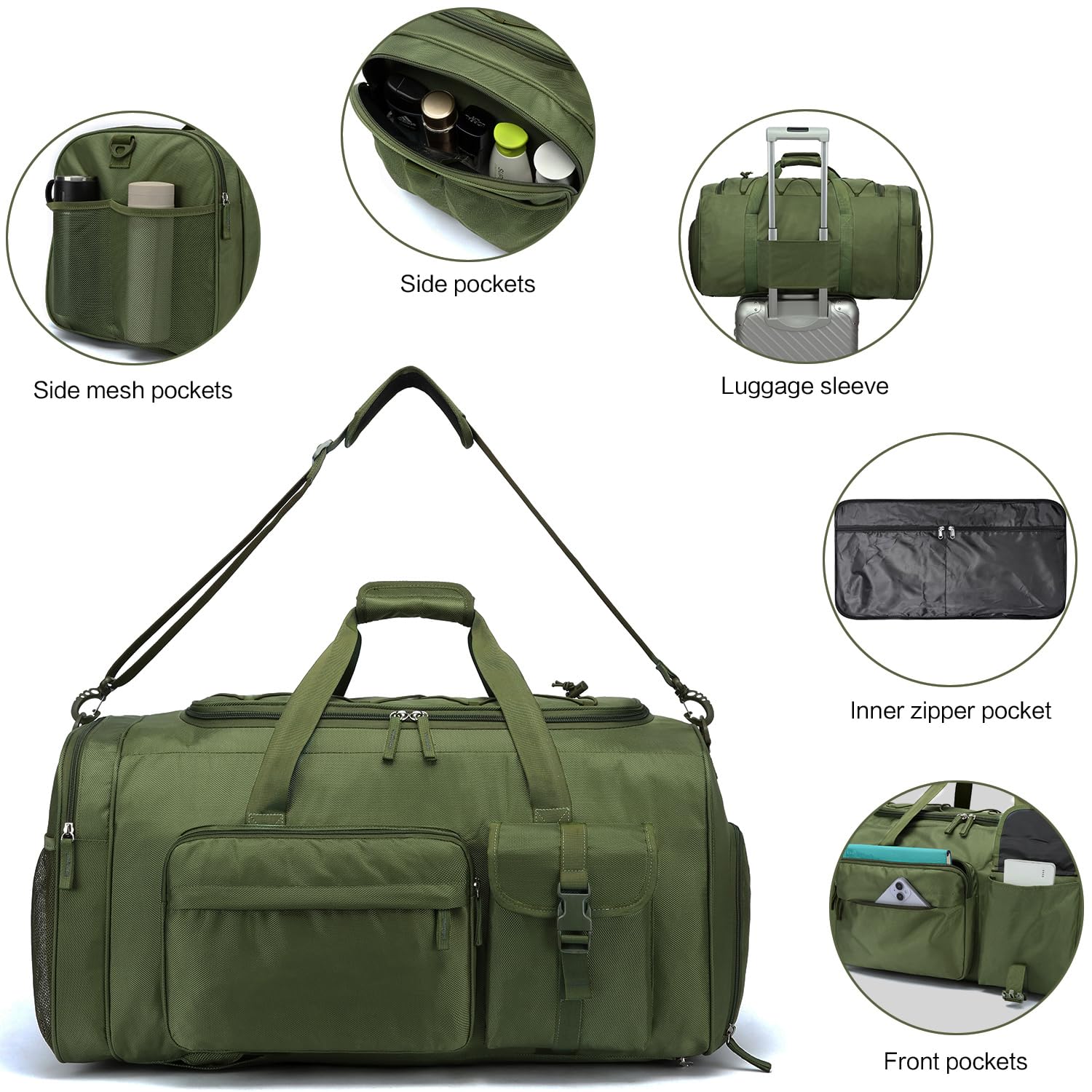 Mochila Deportiva para Hombre Mujer 70L Grande Pesada Mochilas de Viaje con Compartimento para Zapatos, verde, 61 x 34.3 x 33 cm