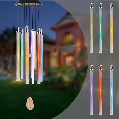 Campanillas de viento solares para exteriores, tubo de 6 LED con 4 tubos de aluminio que cambian de color automático, regalos para mamá, luces