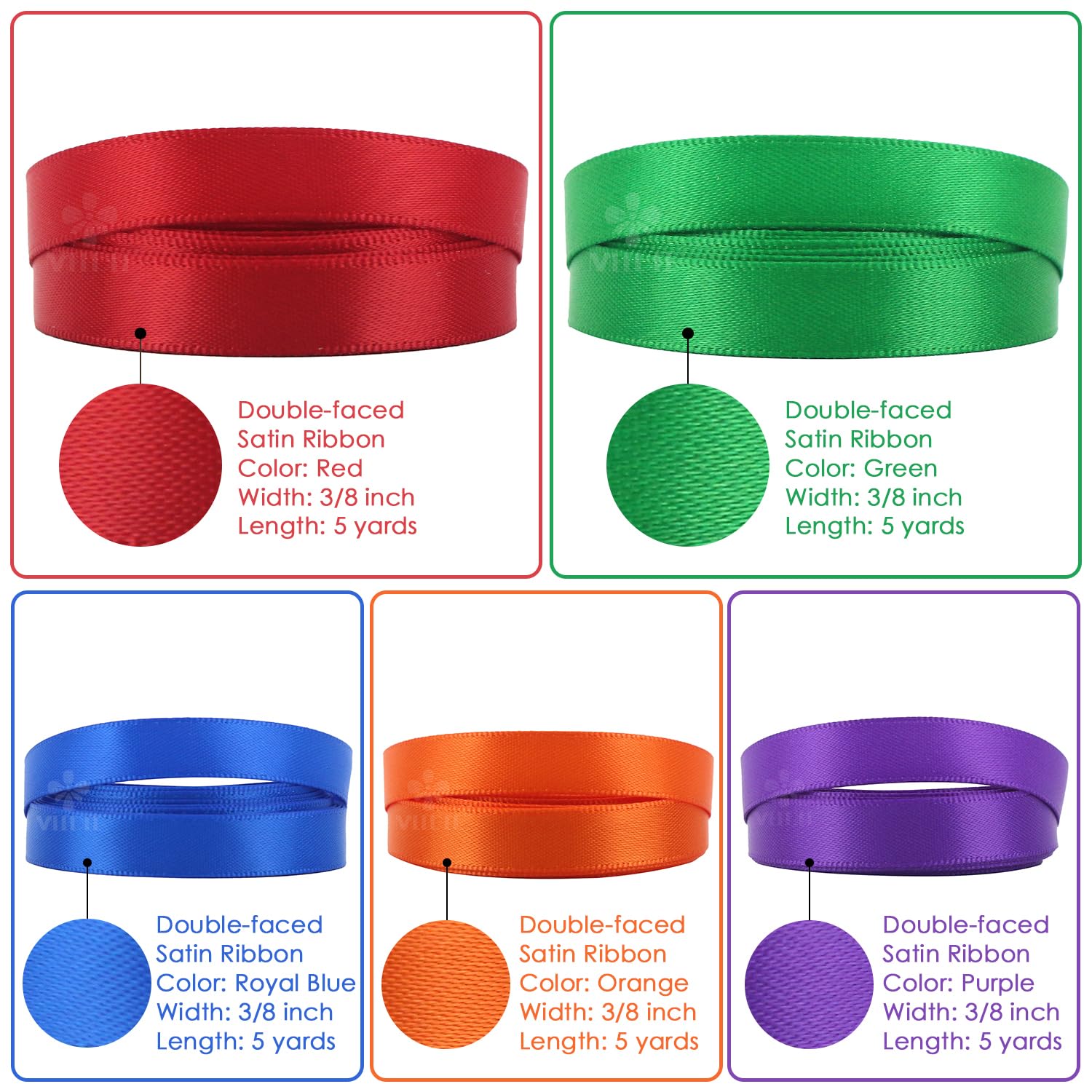 MEEDEE - Nastro di raso Asst. 10 colori 3/8 "x 5 yard ogni totale 50 yds per confezione, arcobaleno