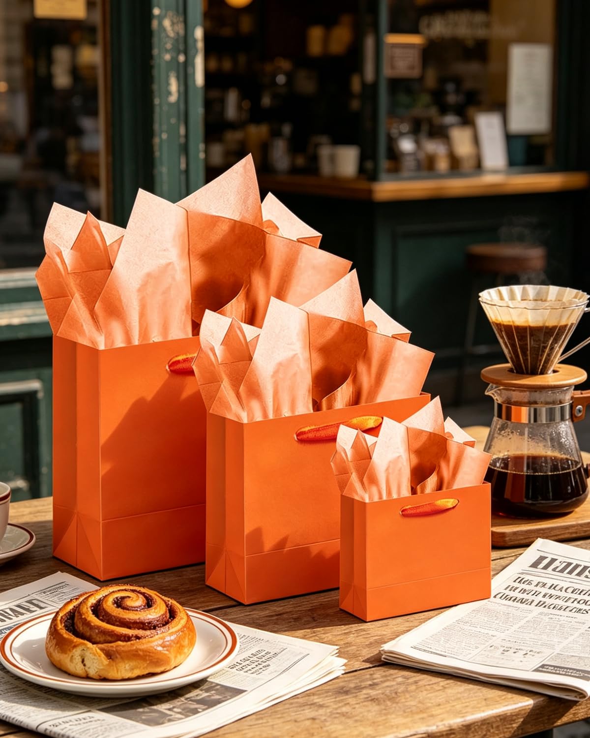 qiqee 10PCS Bright Orange Gift Bags with Ribbon Handles Mulit Assorted Sizes Gift Wide Bags (2pcs Large 13", 4pcs Medium 9.6", 4pcs Small 6.3",Tissue Paper)