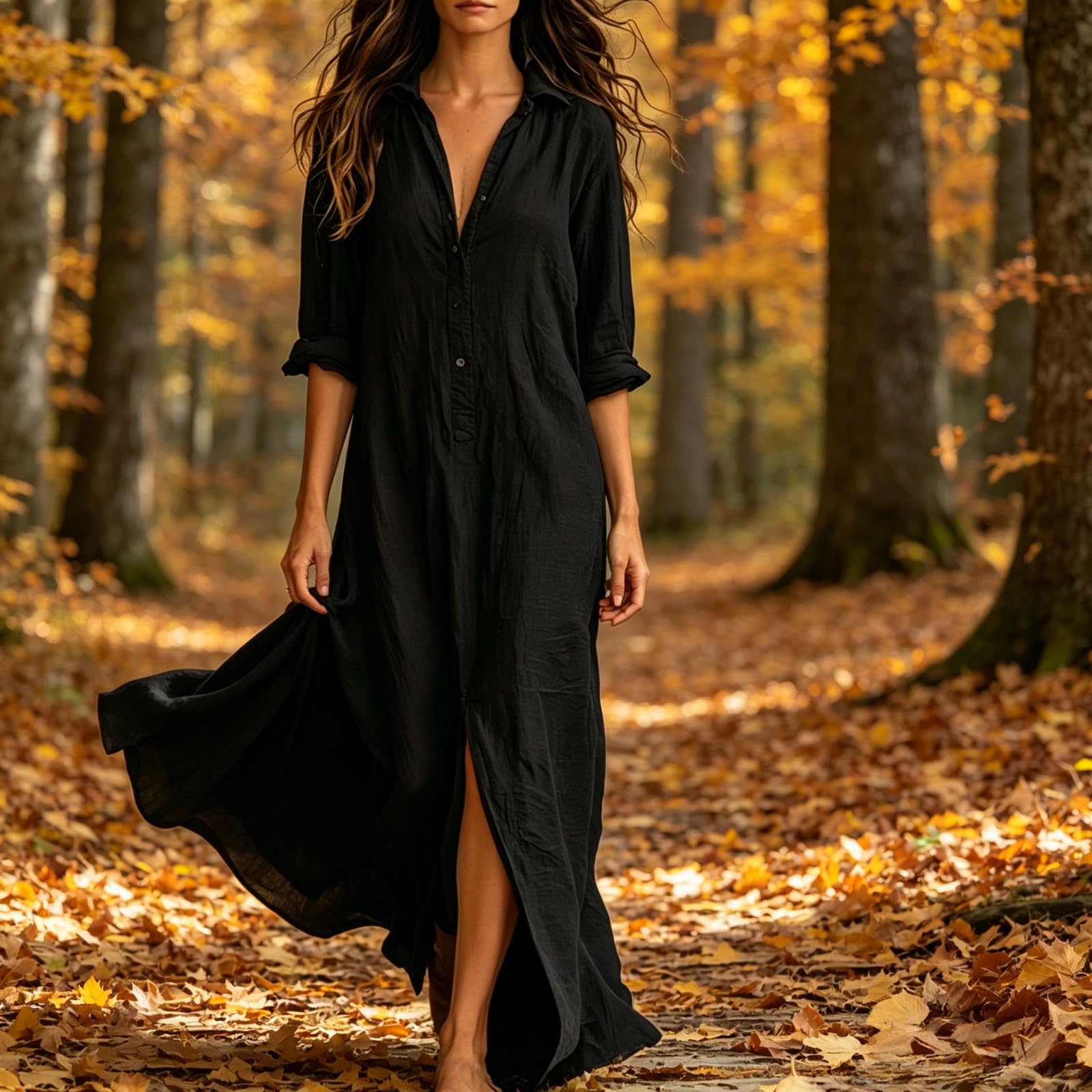 Generico Maxi Abito Casual da Donna a Maniche Lunghe, Stile Bohémien, con Colletto e abbottonatura Frontale – Ideale per Le Vacanze al Mare