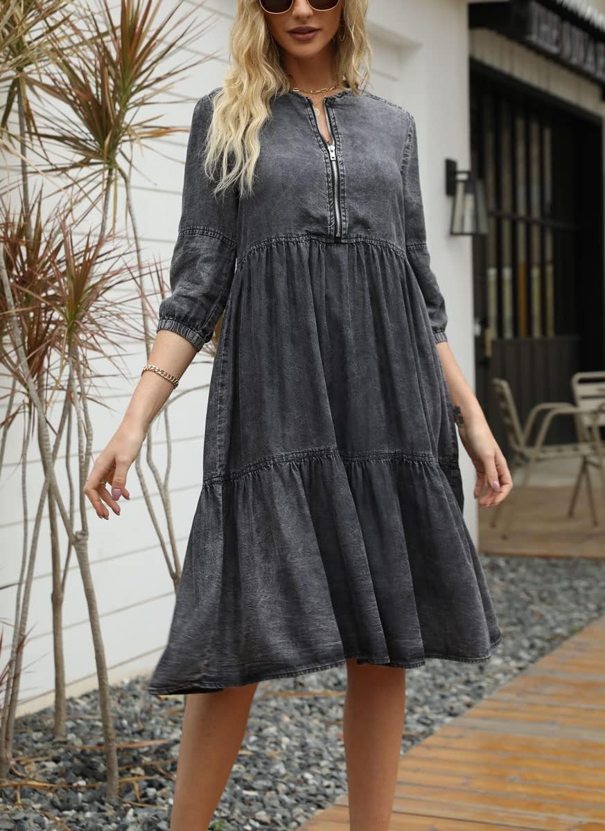 Women's Washed Crewneck Half-Zip Closure 3/4 Sleeve Soft Babydoll Denim Midi Dress - Image 2