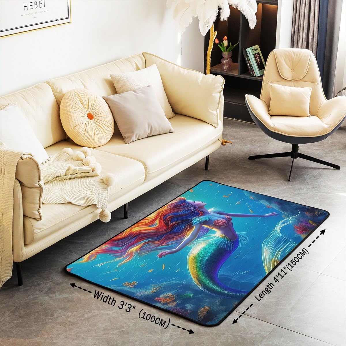 jejeloiu Mermaid Living Room Rugs Area Rug 3x5 Ocean Life Sea Animal Accent Rug for Boys Girls Teens Fish Scales Indoor Floor Mat Princess Decor Decorative Rug Sea Blue Doormats Floor Mat