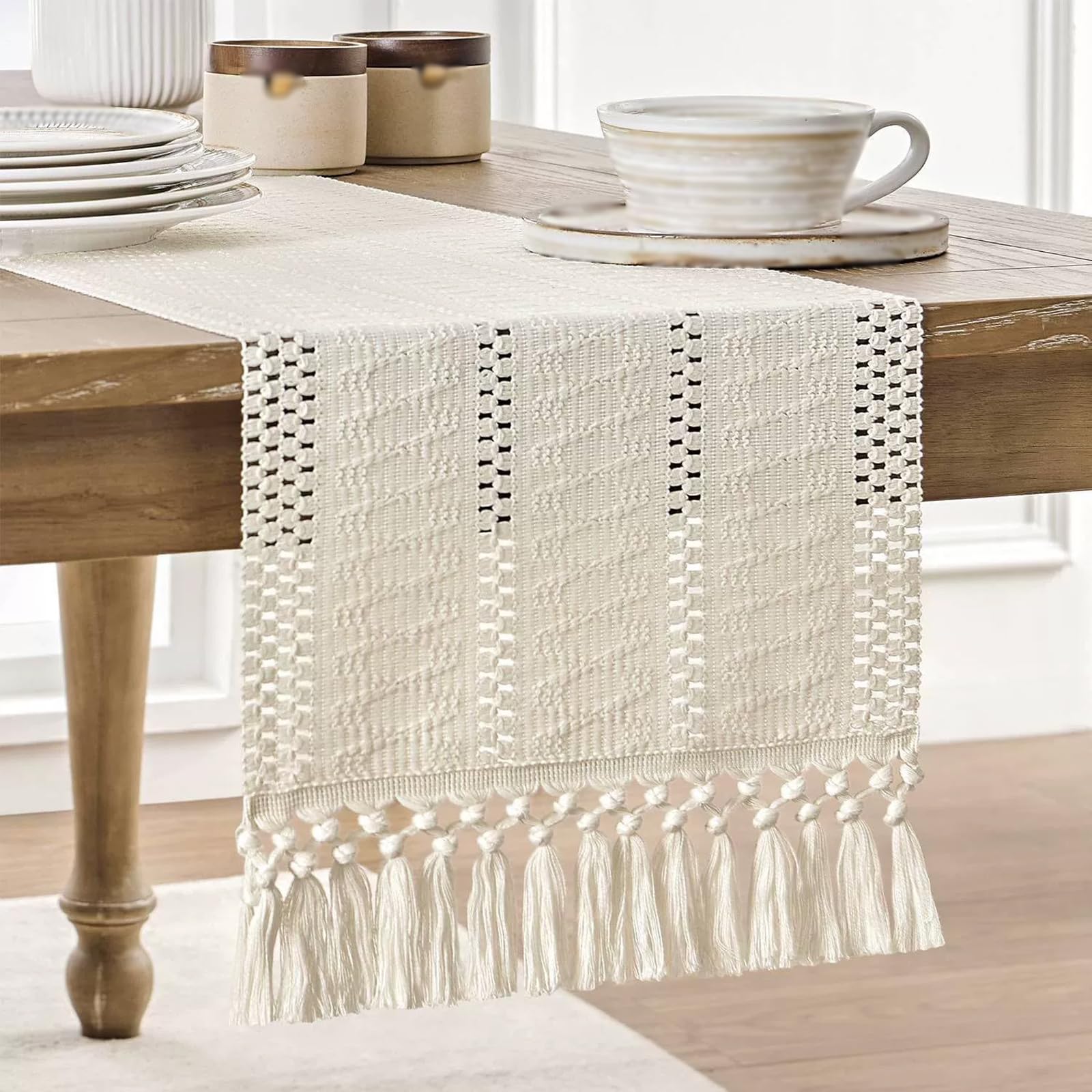 Rustic Linen Table Runner With Tassel Boho Embroidered Style Kitchen Tablerunners For Holiday Party Wedding Birthday Decoration Ivory (30*90cm/11.81*35.43in)