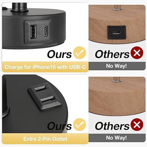 Vista 139 de Fenmzee Juego de lámparas de mesa pequeñas táctiles regulables de 2 a 3 vías, carga USB A + C, salida de CA, base de grano de madera, bombillas